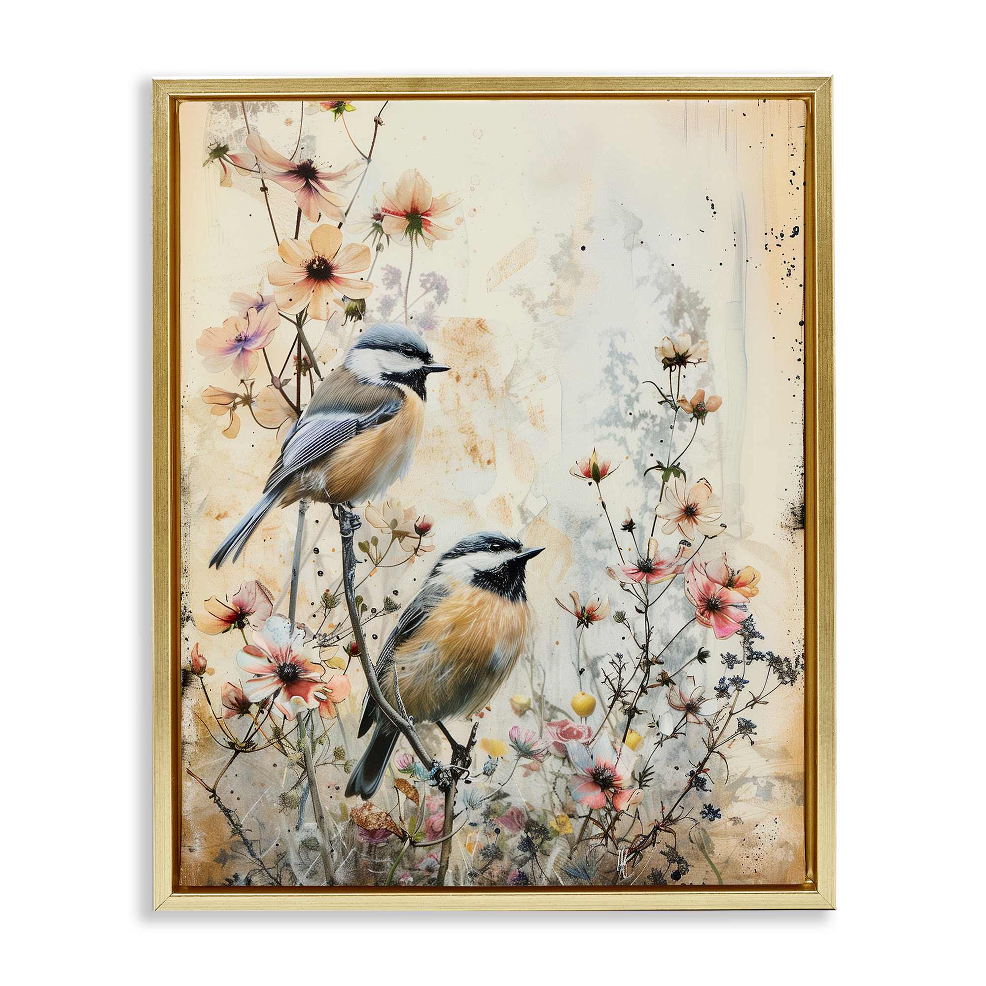 Stupell Industries BT-753-FFG-24X30 Sparrows Perched on Florals Gold Framed Floater Canvas Wall Art By Arlington Prints 25 x 31