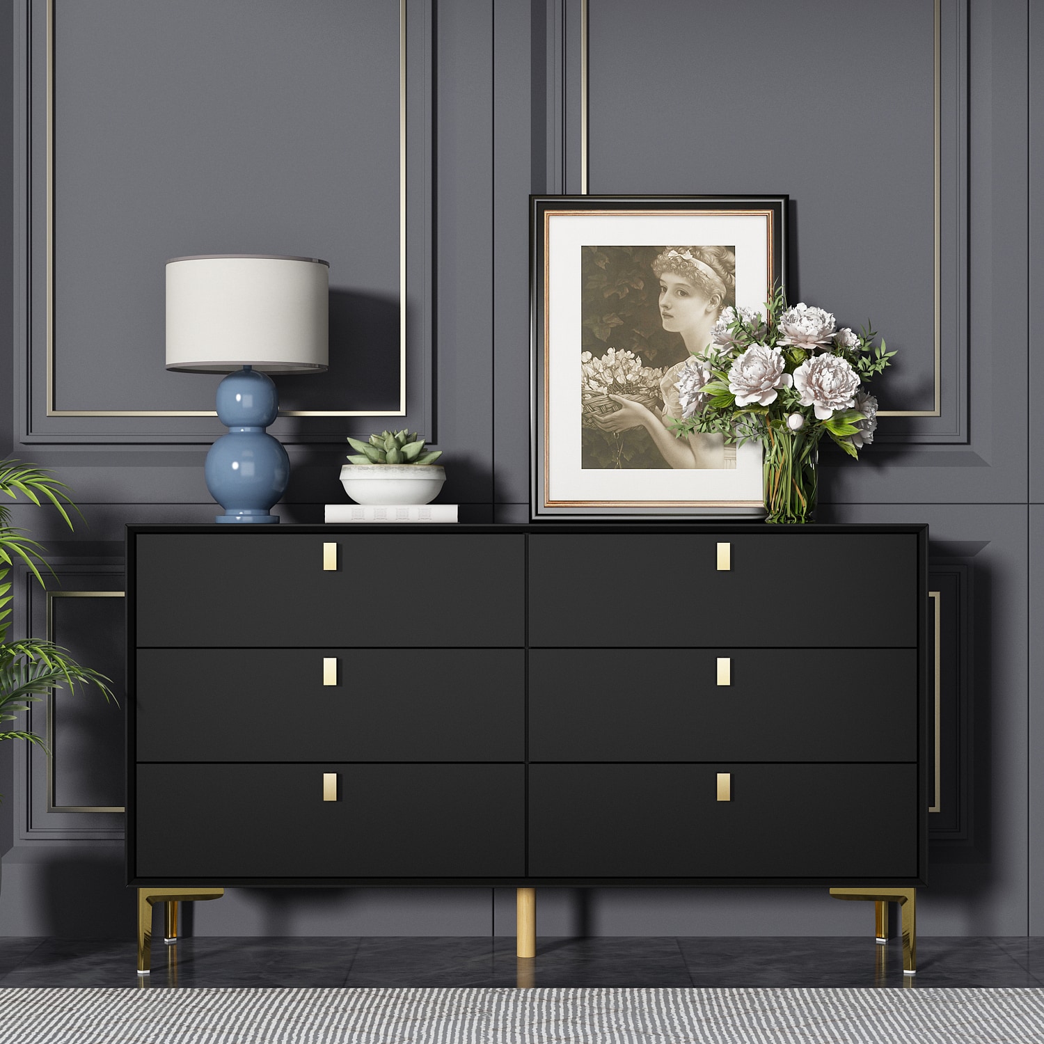 FUFU&GAGA 6-Drawers Eco-Friendly Paint Finish Black Wood Dresser