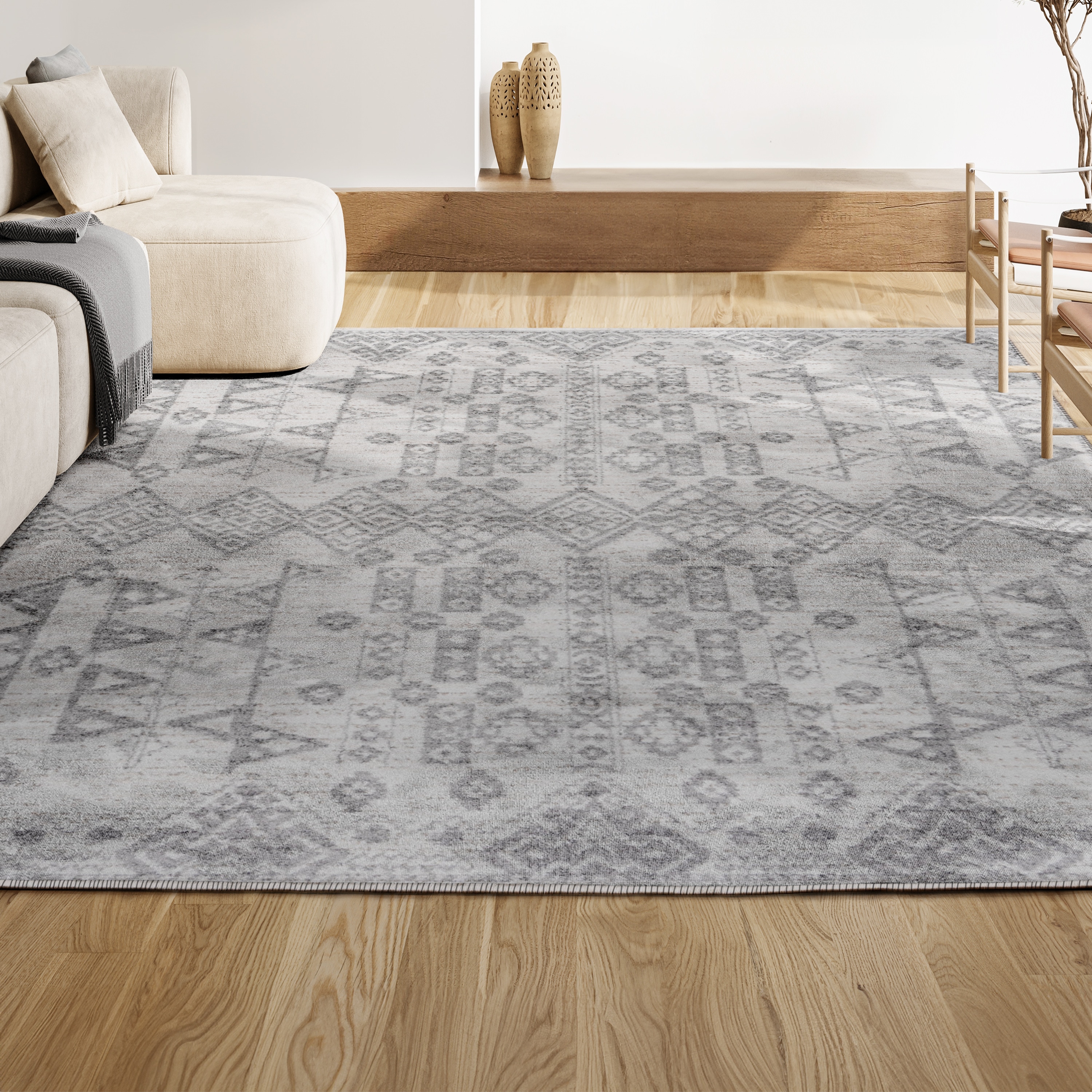 Gray Geometric Synthetic Reversible Area Rug 2' x 10'