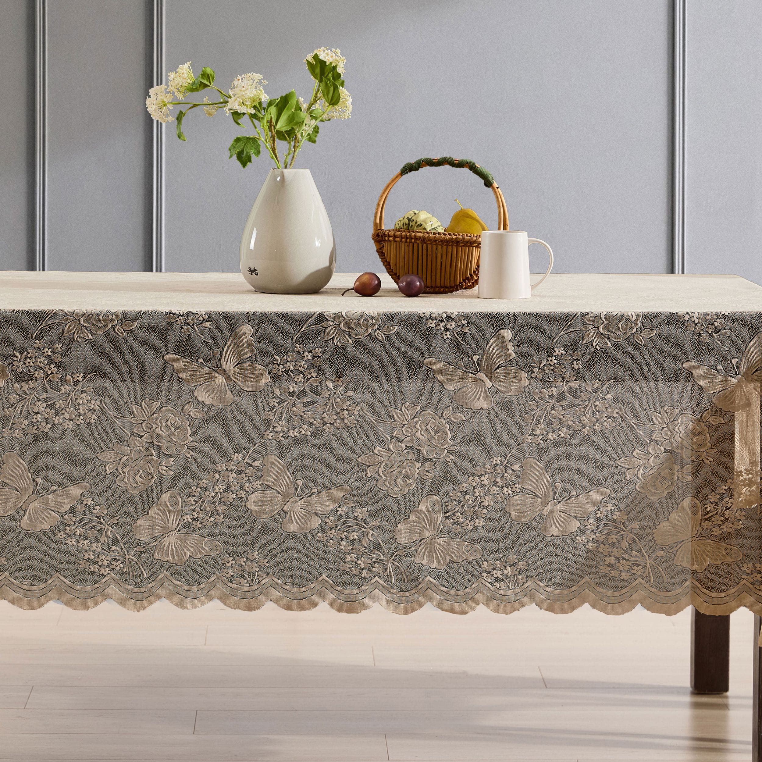 HLC.me BFLY-TBL-104LNN Butterfly Patterned Floral Lace Fabric Tablecloth for Rectangle Tables - Wrinkle Resistant - Table Cloth