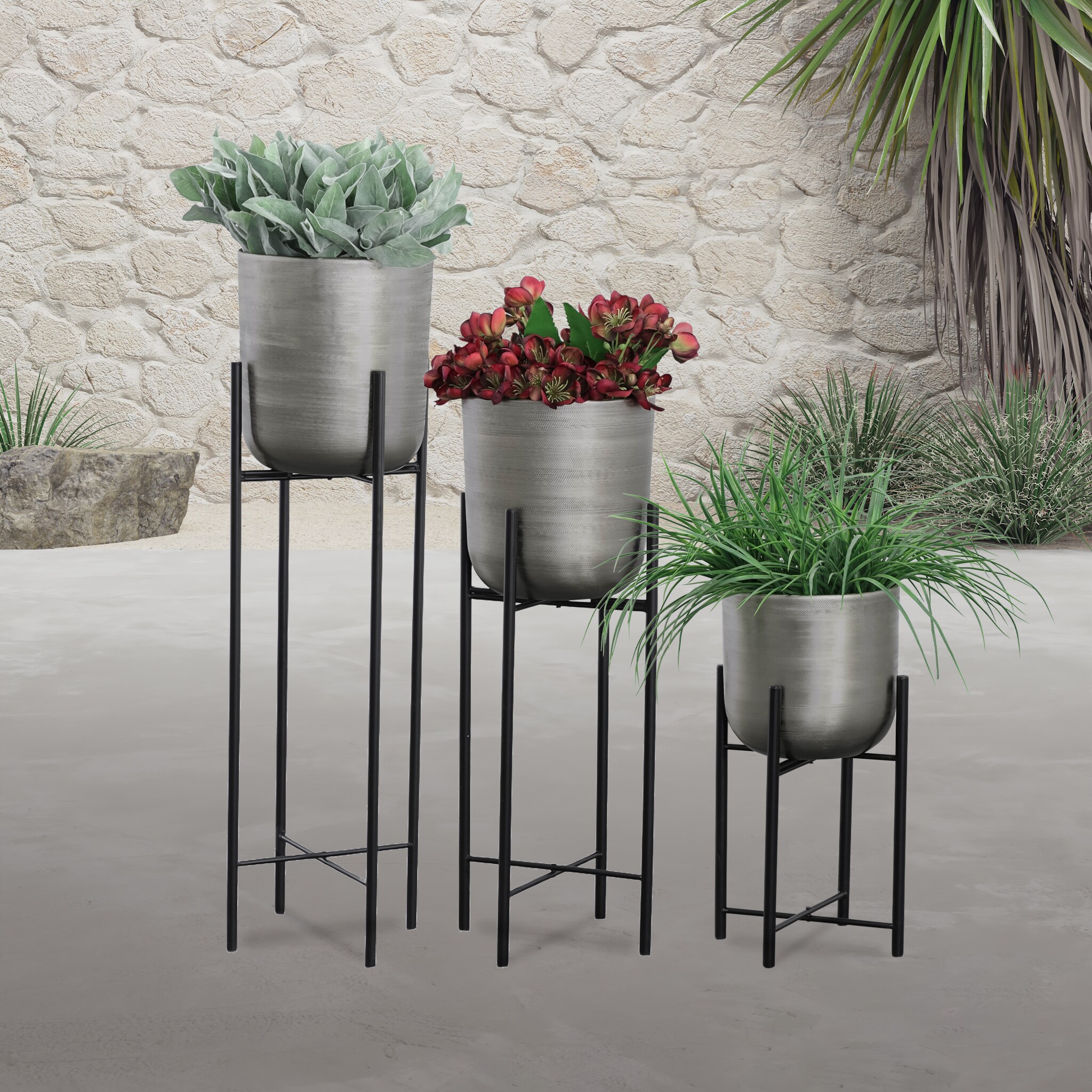 Sagebrook Home 14630-02 Round 11-in W x 40-in H Silver Metal Indoor/Outdoor Planter