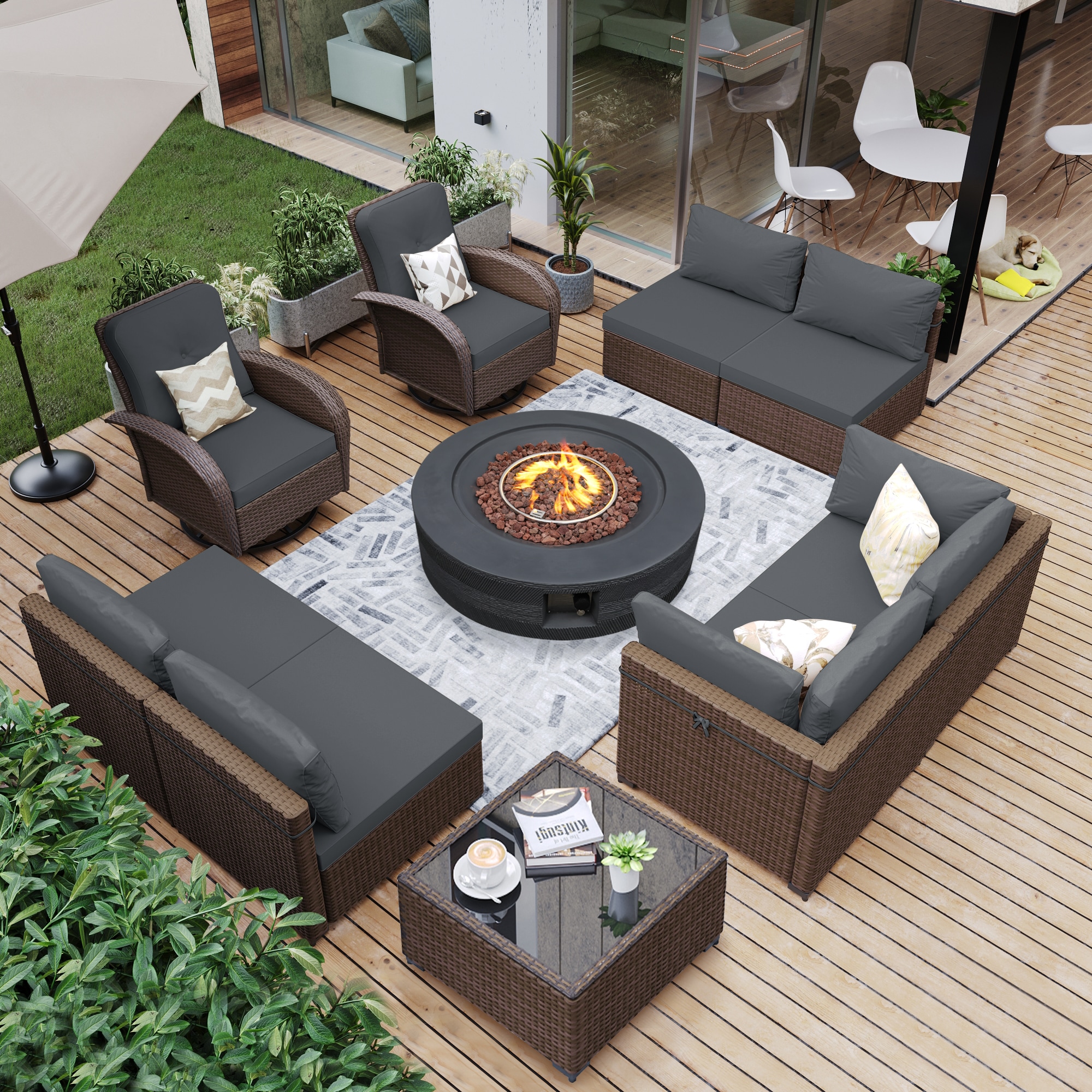 UPHA PL-2CZY11-42XDK-Z3 10-Piece Brown Wicker Conversation Set with 42 in. Gray Gas Propane Concrete Fire Pit Table and Swivel Chairs, Dark Gray Cushions 10 -Piece Wicker 4 Patio Sofa Conversation Set with Dark Gray Cushions
