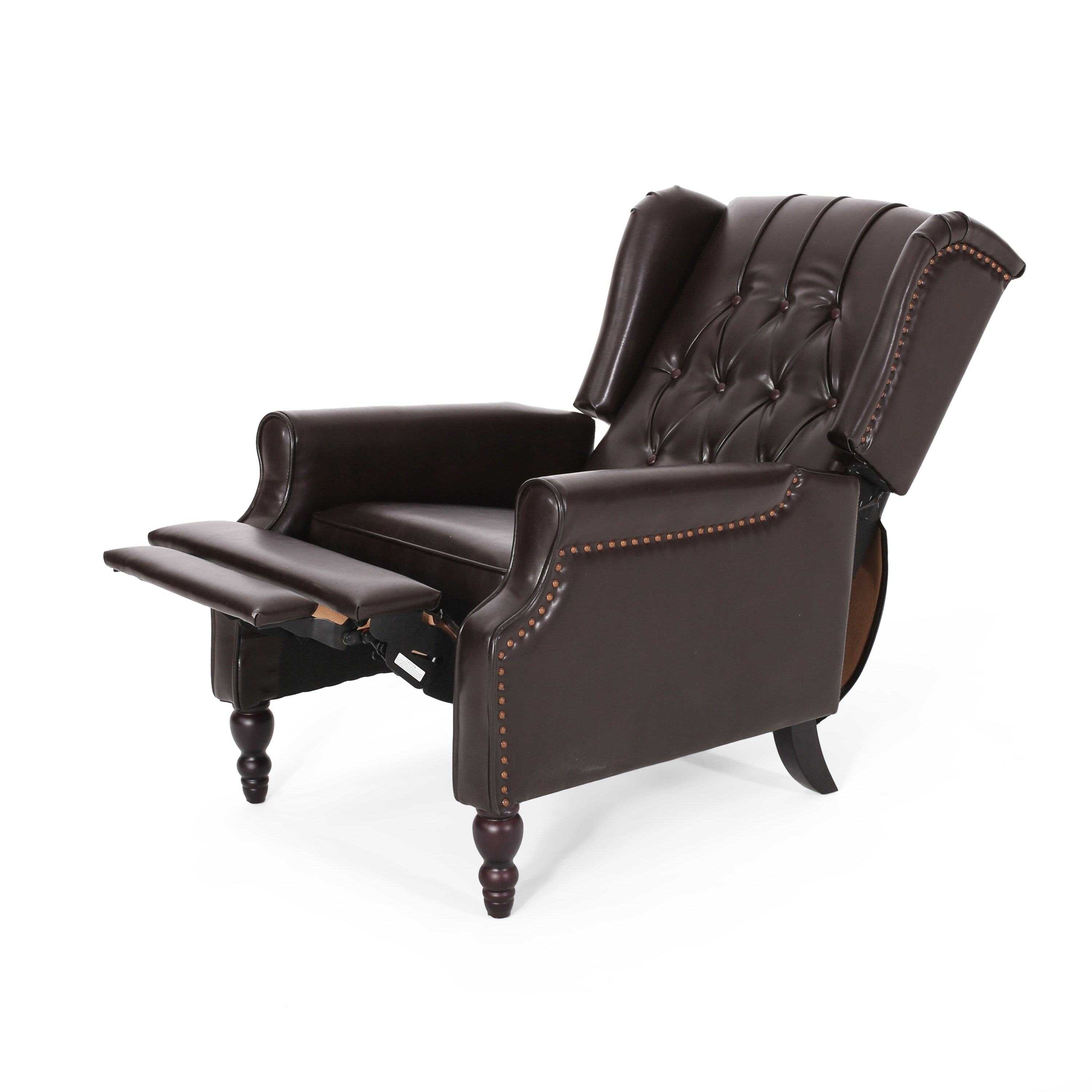 Brown Tufted Leather Wingback Recliner with Wood Legs