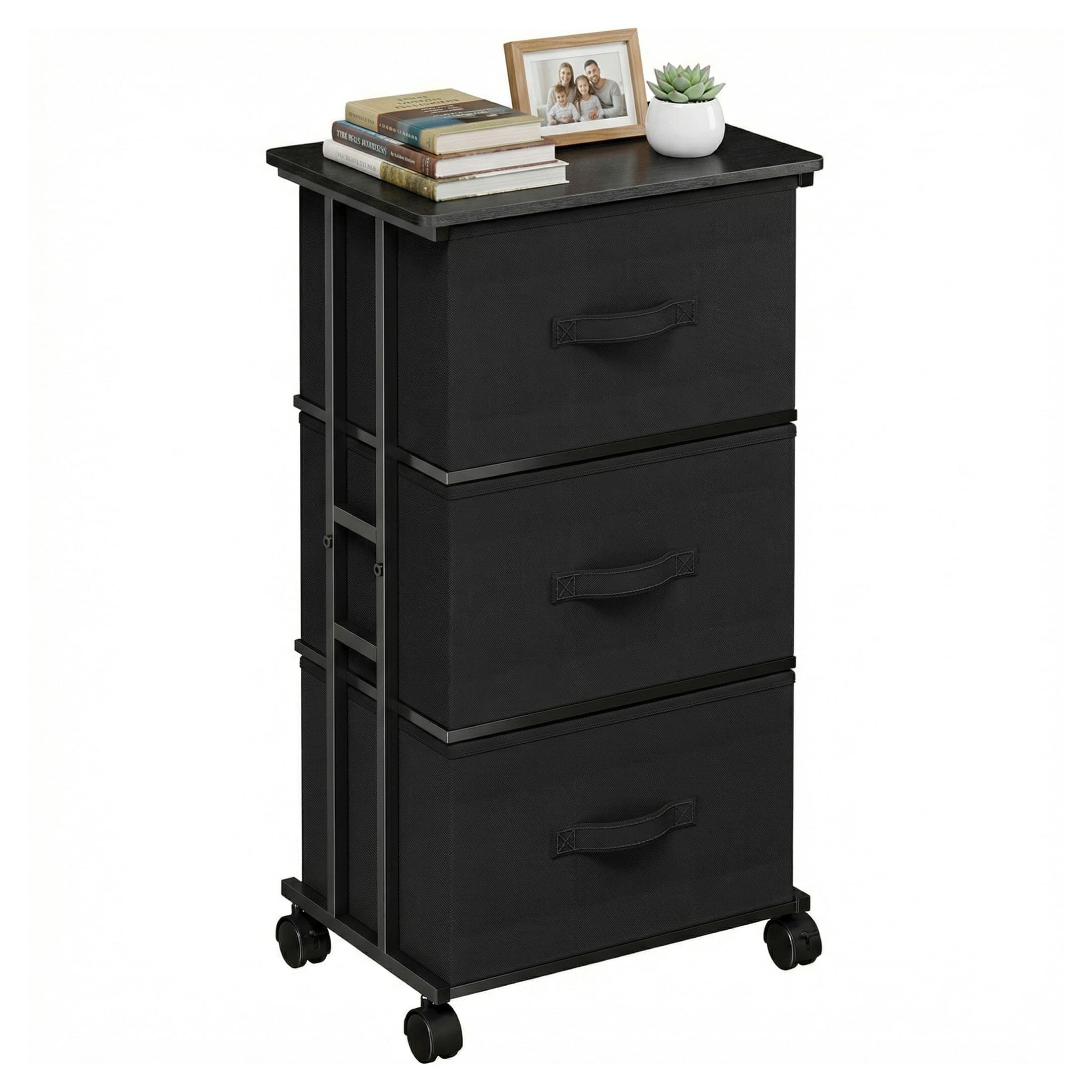 Sweetcrispy 3 Drawer Rolling Fabric Dresser Mobile Cabinet Nightstand with Wood Top and Casters Black