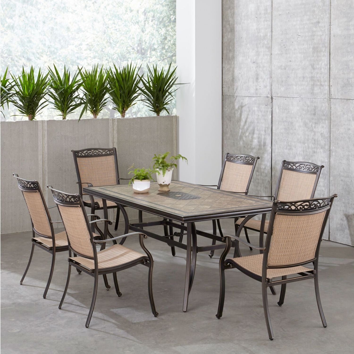 Hanover FNTDN7PCTN Fontana 7-Piece Bronze Patio Dining Set Aluminum Table with 6 Tan Stationary Chairs