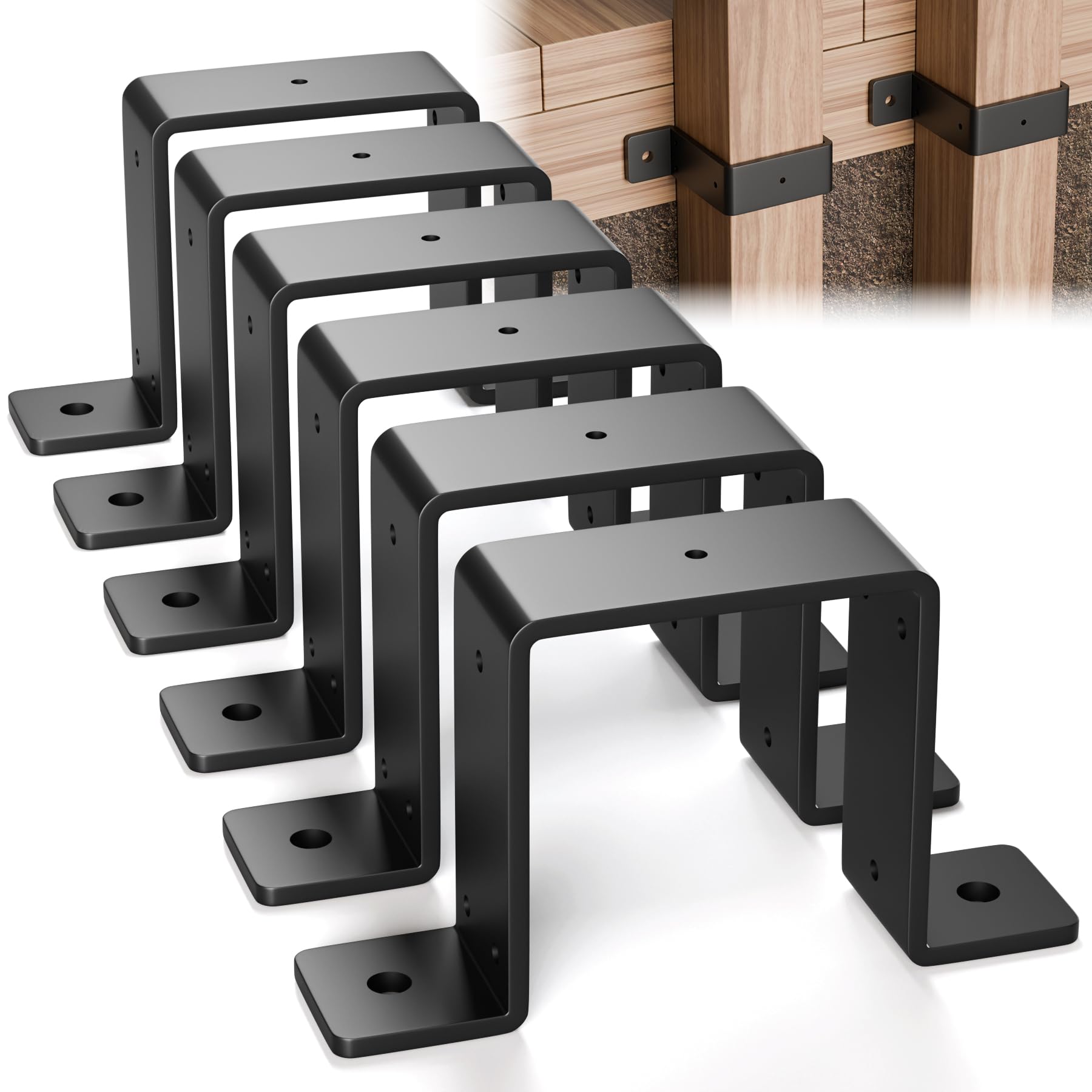 Afoxsos  6 Pcs 4 by 4 Strap Post Ties Heavy Duty Deck Fence Post Brackets for 4 by 4 Wood Post Beam Gazebo Mounting Brackets Black