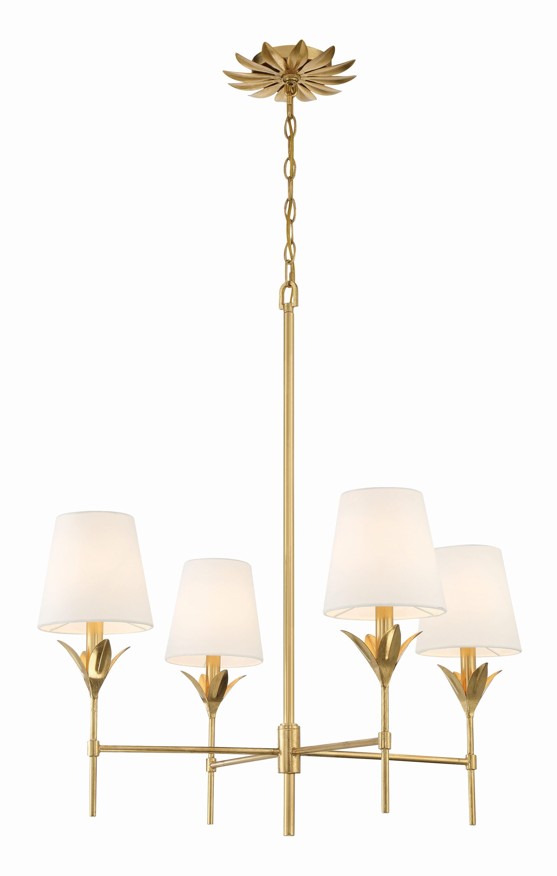 Antique Gold Crystal 4-Light Chandelier with White Silk Shades