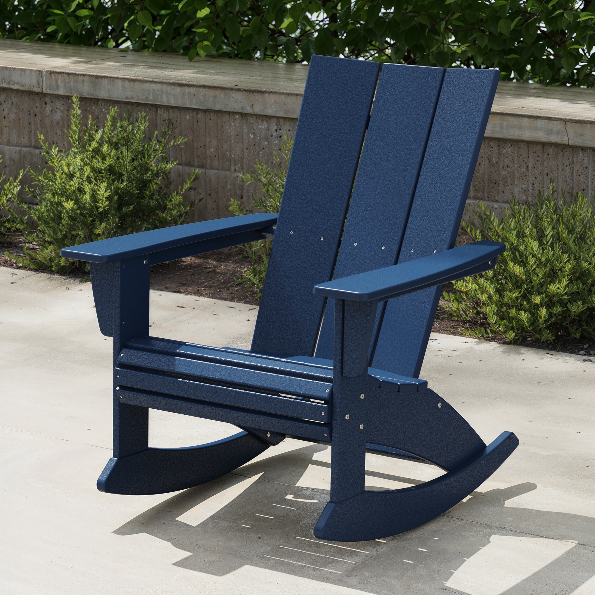 POLYWOOD ADR620NV Modern Adirondack Navy HDPE Frame Rocking Chair with Slat Seat