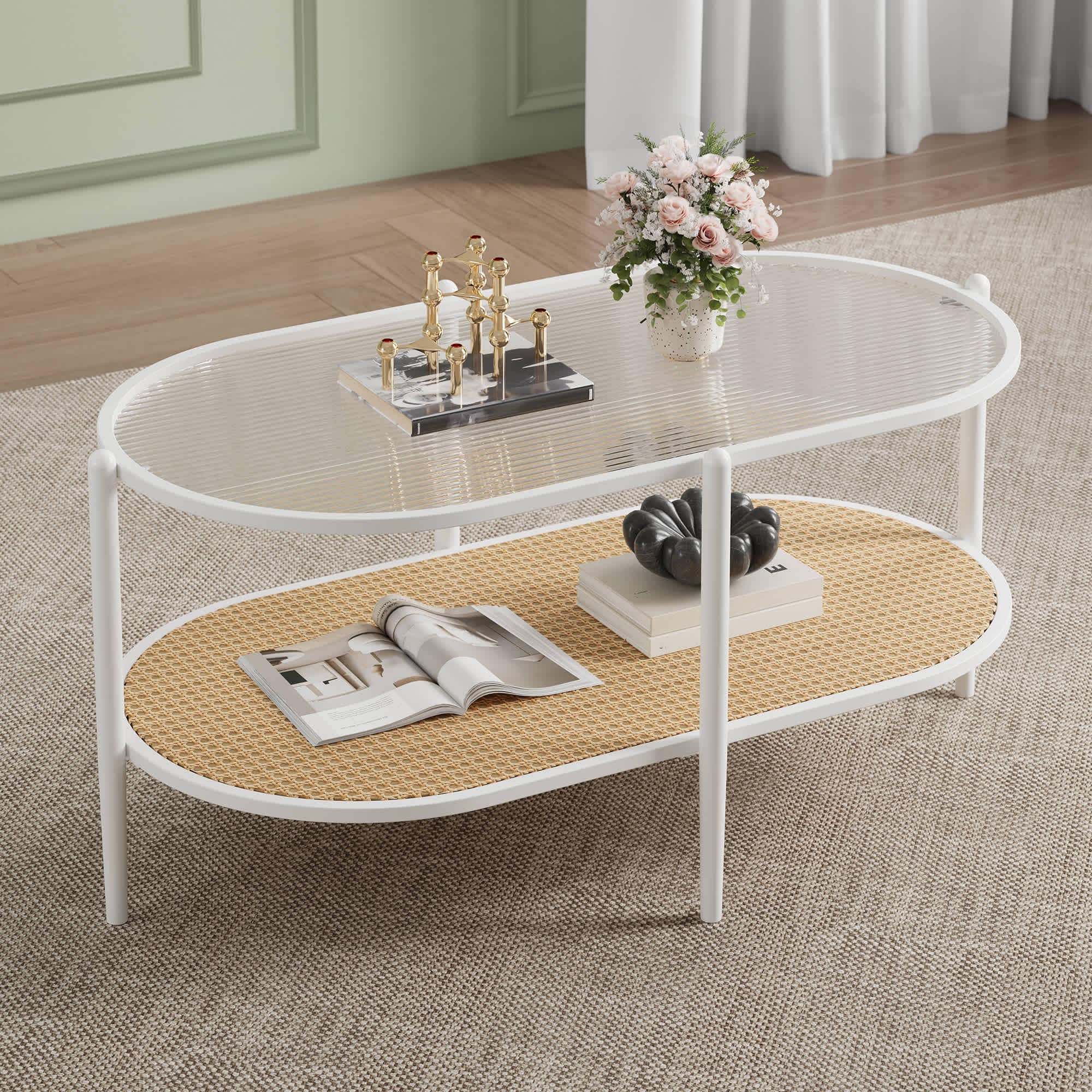 Qeetex PHK-346K4GDV-HNN 2 Tier Oval Black Steel Coffee Table with Water Wave Glass Top and Yellow Rattan Storage Shelf