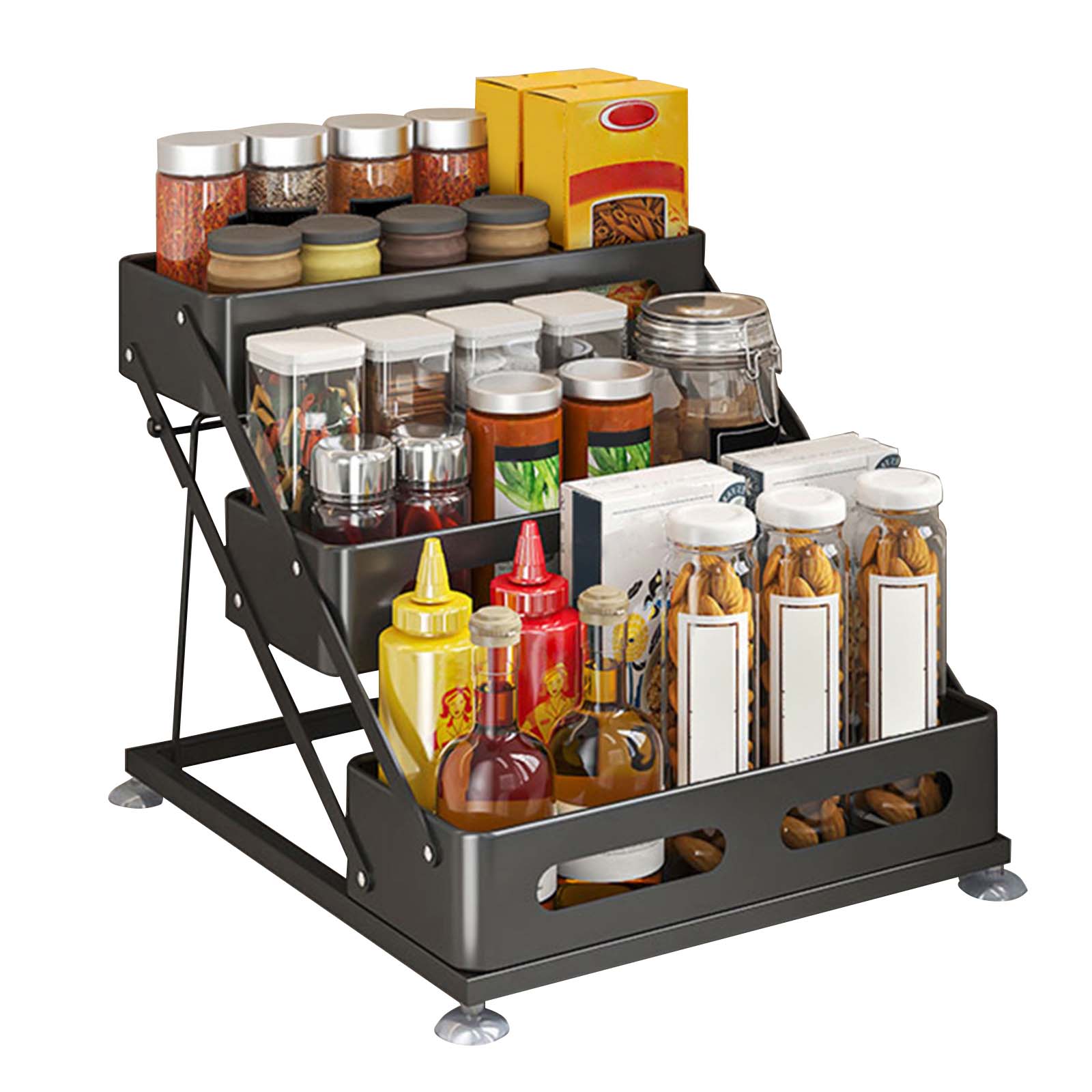 Garvee 3 Tier Expandable Carbon Steel Spice Rack Black Triangle Step Storage Organizer Anti Slip Suction Feet No Assembly For Kitchen Countertop Bathroom Vanity