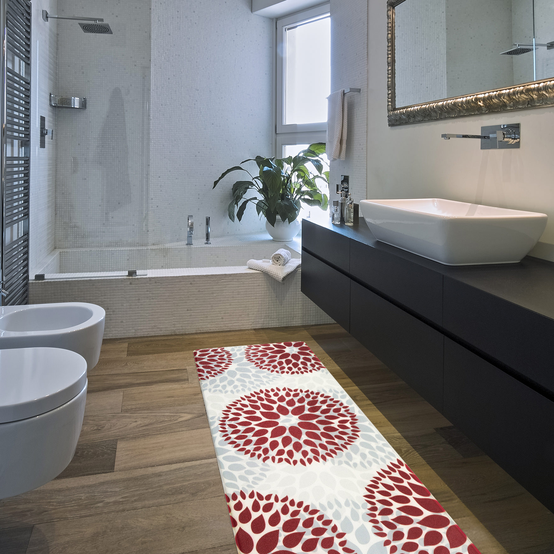 Red and White Modern Floral Anti-Fatigue Standing Mat 18" x 47"