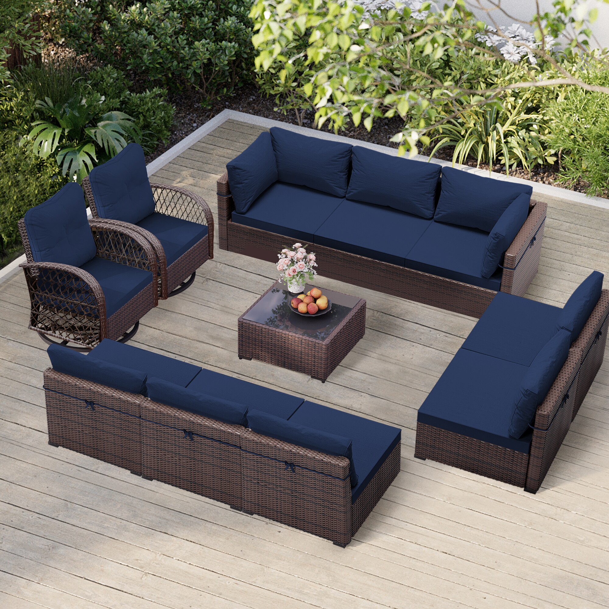 Patio Watcher TBBR-AB2CY9-NA 11 -Piece Rattan Patio Conversation Set with Blue Cushions
