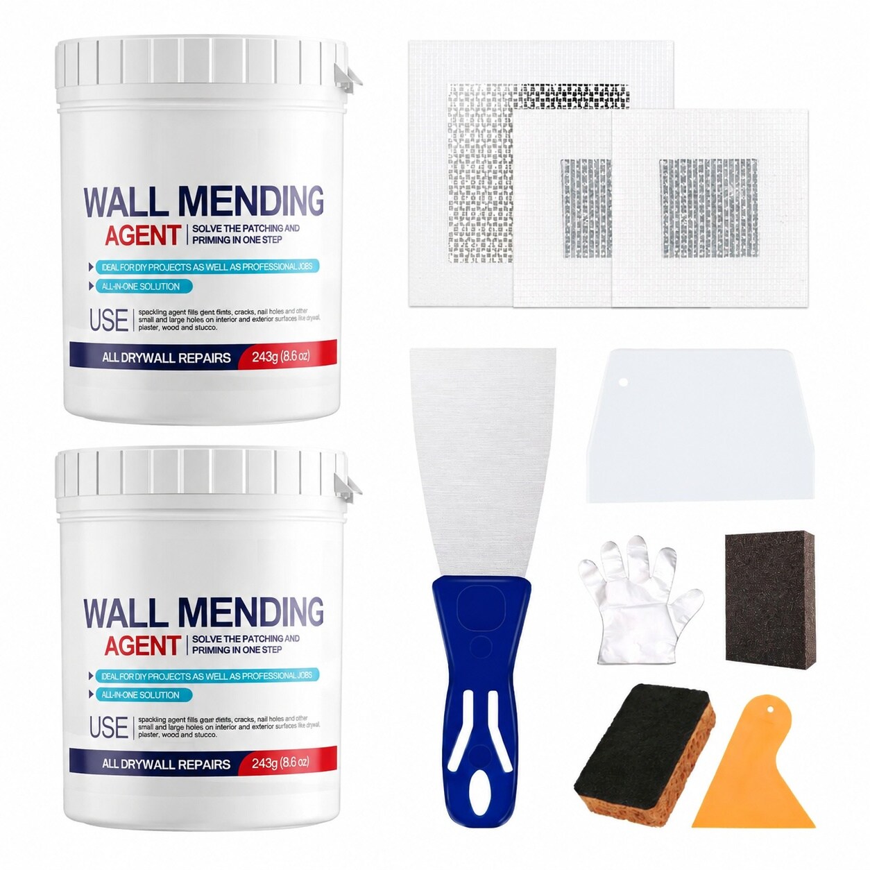UUDULY  17.2oz Drywall Patch Repair Kit Professional All-in-1 Tool Set with Scrapers Sanding Sponge Texture Sponge Gloves and Aluminum Patches
