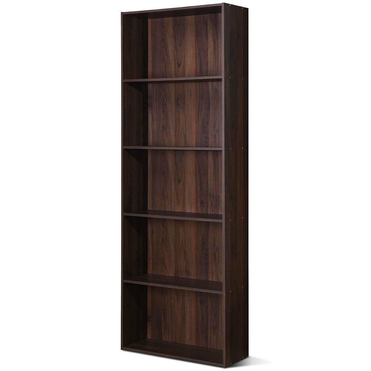 Costway HW60186CF Walnut MDF 5 -Shelf Bookcase ( 9.5-in W x 67-in H x 23.5-in D ) Finished