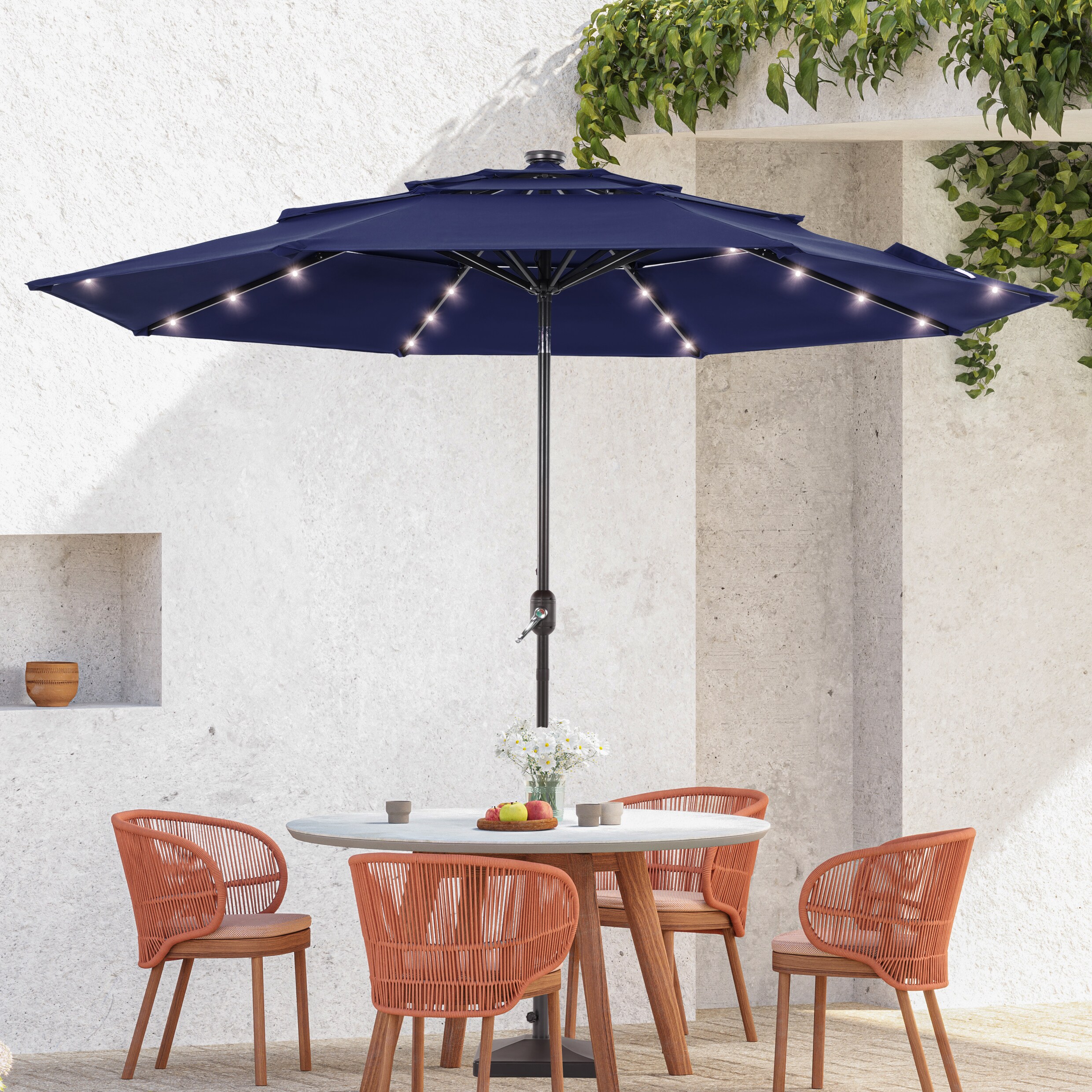 Sonkuki SD-MK-LED10NY 10-ft Steel Navy Push-button Tilt Market Patio Umbrella with Lights