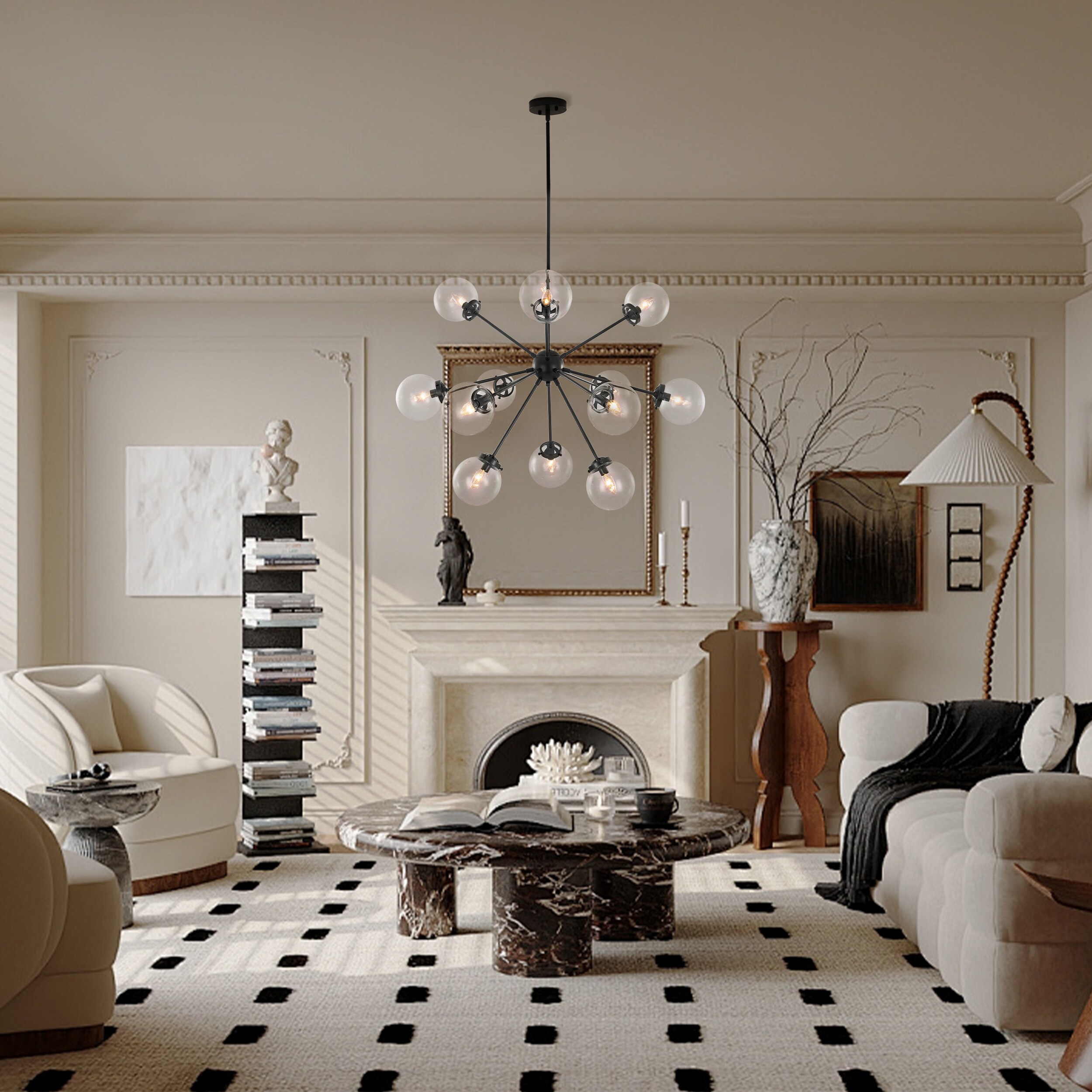 Matte Black 12-Light Sputnik Chandelier with Glass Globes