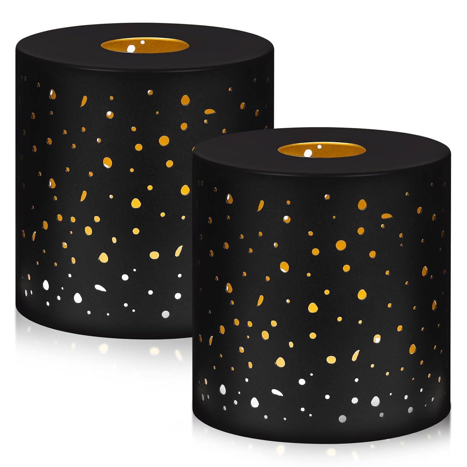 Alucset 2-Pack Cylinder Metal Lamp Shades with Laser-Etched Star Pattern and 1-5/8 Inch Fitter - 4.75 Inch Diameter 5 Inch Height Black and Gold Finish