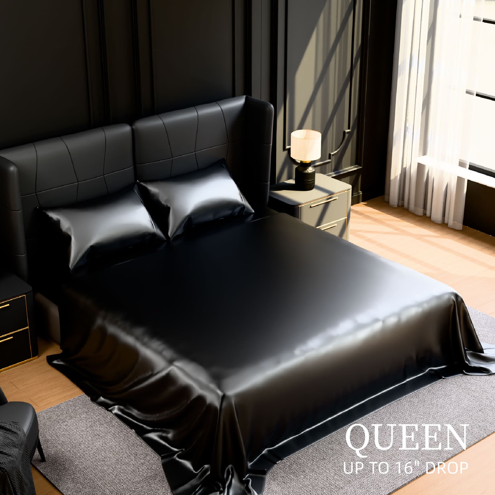 OOU Satin Bed Sheets Set 4 Piece Queen Size Silky Bedding Set with 15 Inch Deep Pockets for Mattress Black