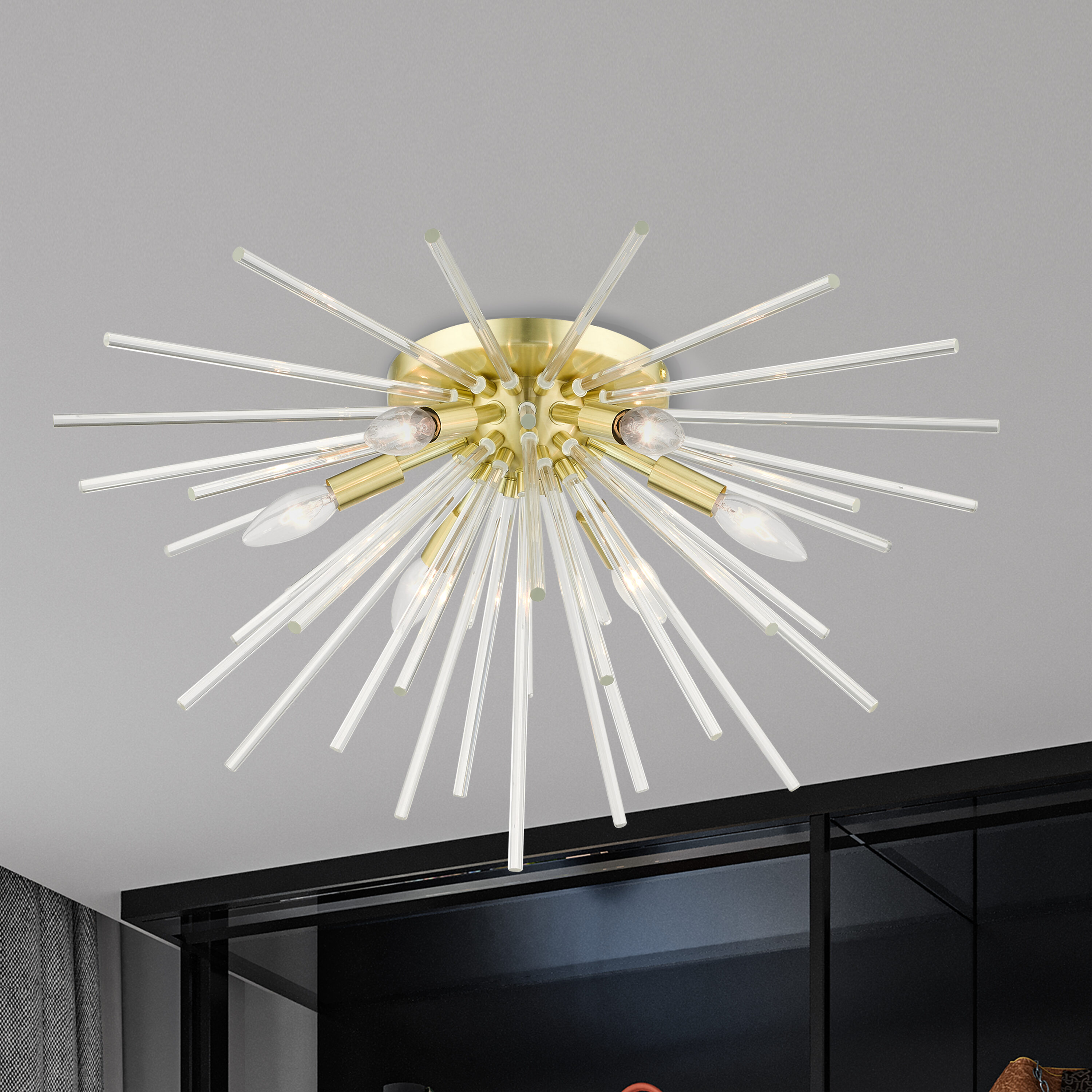 Elegant Satin Brass 6-Light Globe Chandelier with Crystal Rods