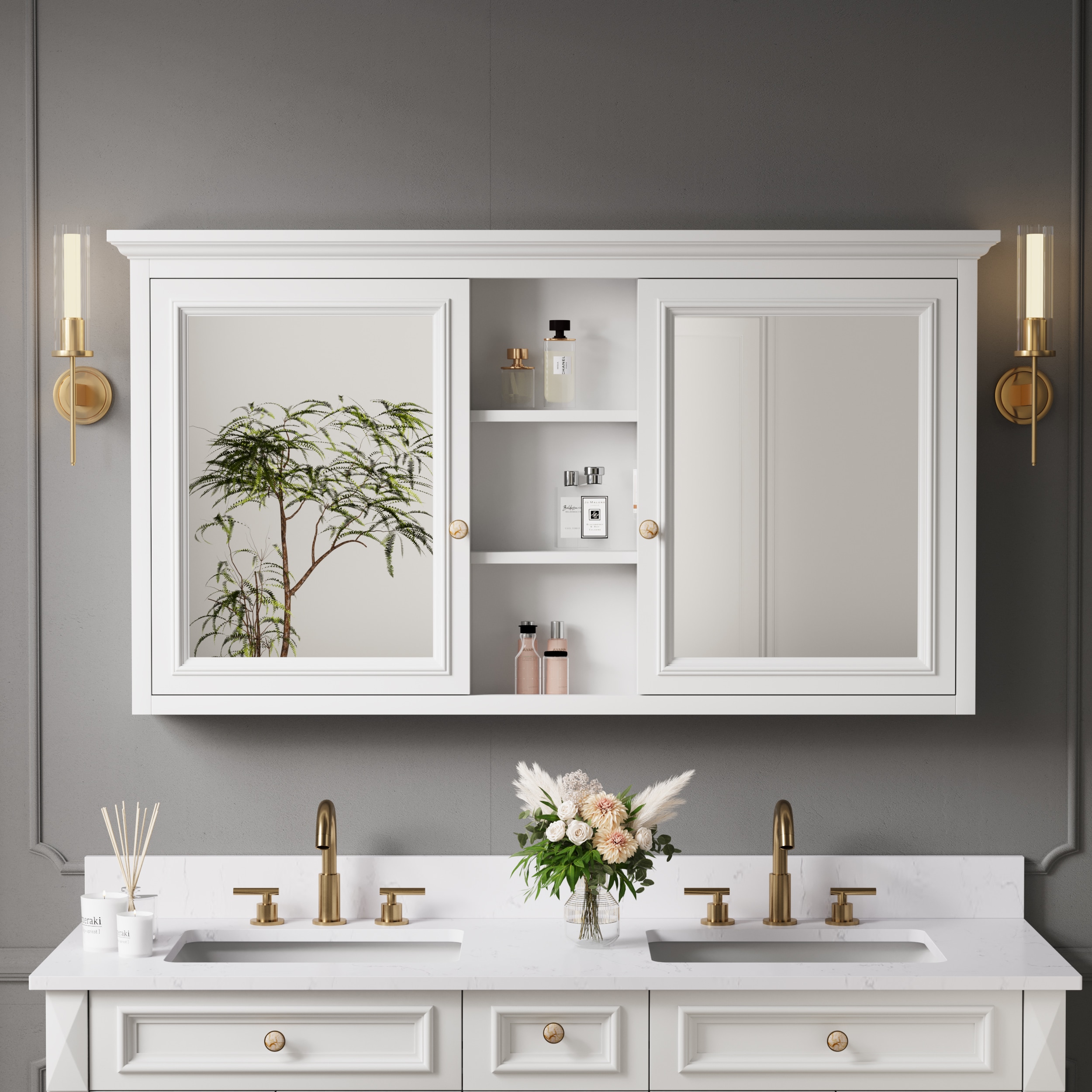 Ayelon - 55-in x 30-in Surface Mount White Mirrored Rectangle Soft Close Medicine Cabinet
