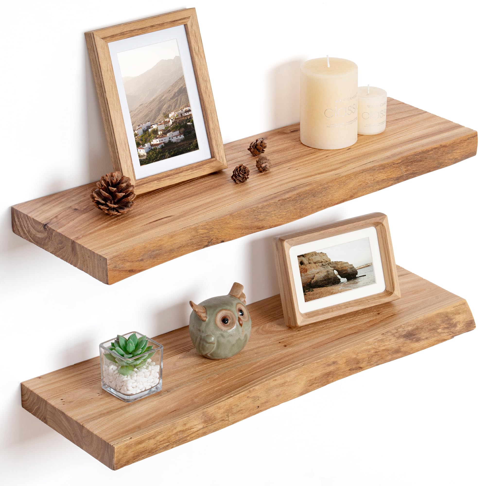 LAIFUCAM  Rustic Solid Elm Wood Live Edge Floating Shelves Wall Mounted Set of 2 Twenty Four Inch Natural Wood Wall Shelves with Invisible Bracket