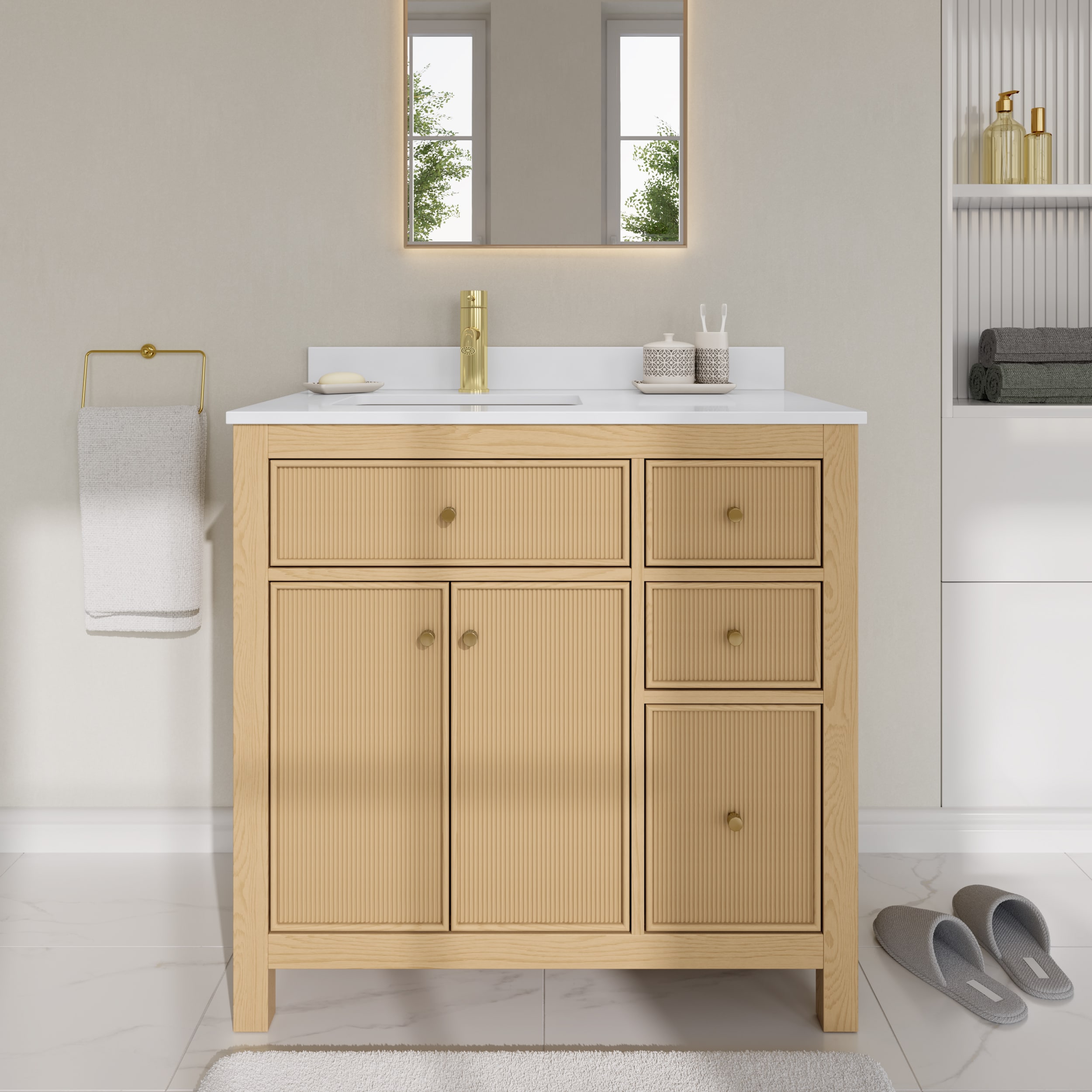 Wyndham Collection WCF929236STGWCUNSMXX Pendry 36-in Tanned Oak with Brushed Gold Trim Undermount Single Sink Bathroom Vanity with White Cultured Marble Cultured Marble Top