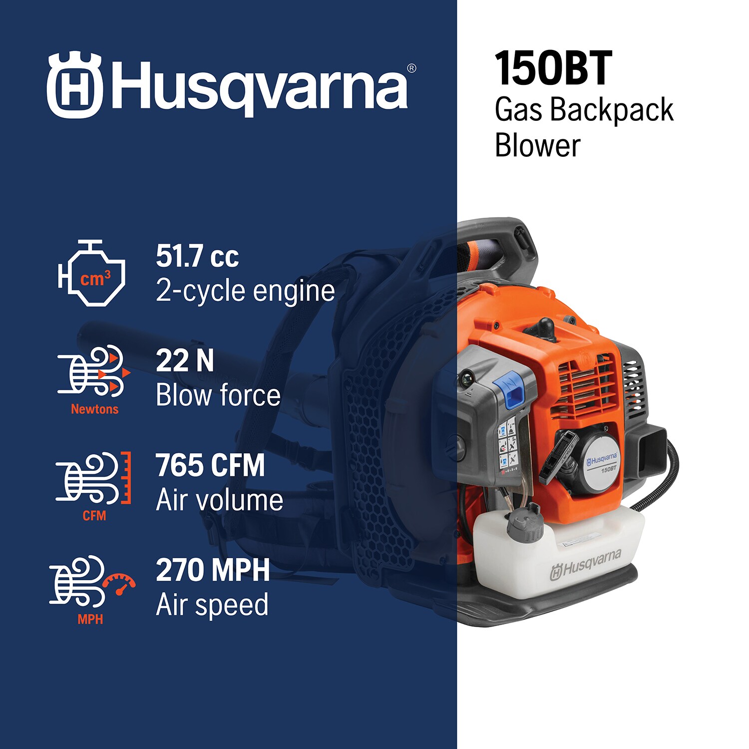 Husqvarna 150BT 51-cc 2-cycle 765-CFM 270-MPH Gas Backpack Leaf Blower