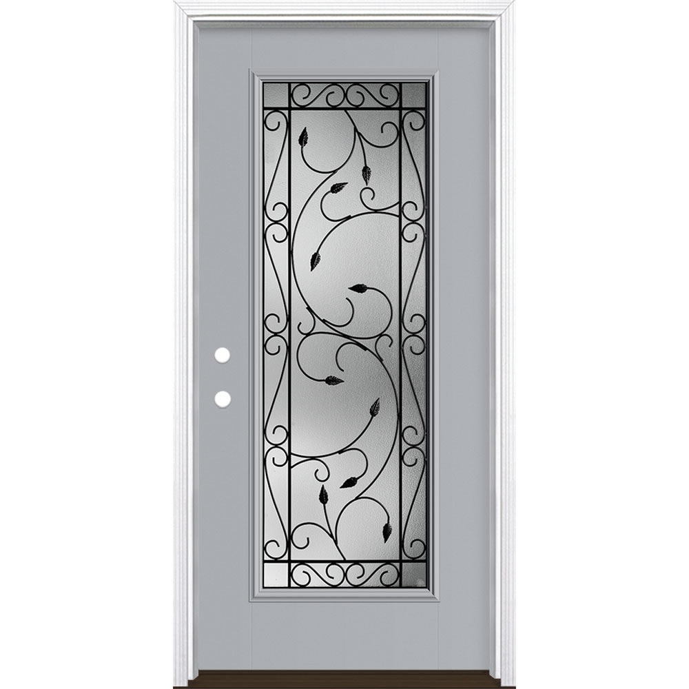 Masonite 3422742 Pergola 36-in x 80-in x 4-9/16-in Fiberglass Full lite Right-hand inswing Infinity Gray Painted Prehung Single door Front Door with Brickmould Insulating core Decorative glass