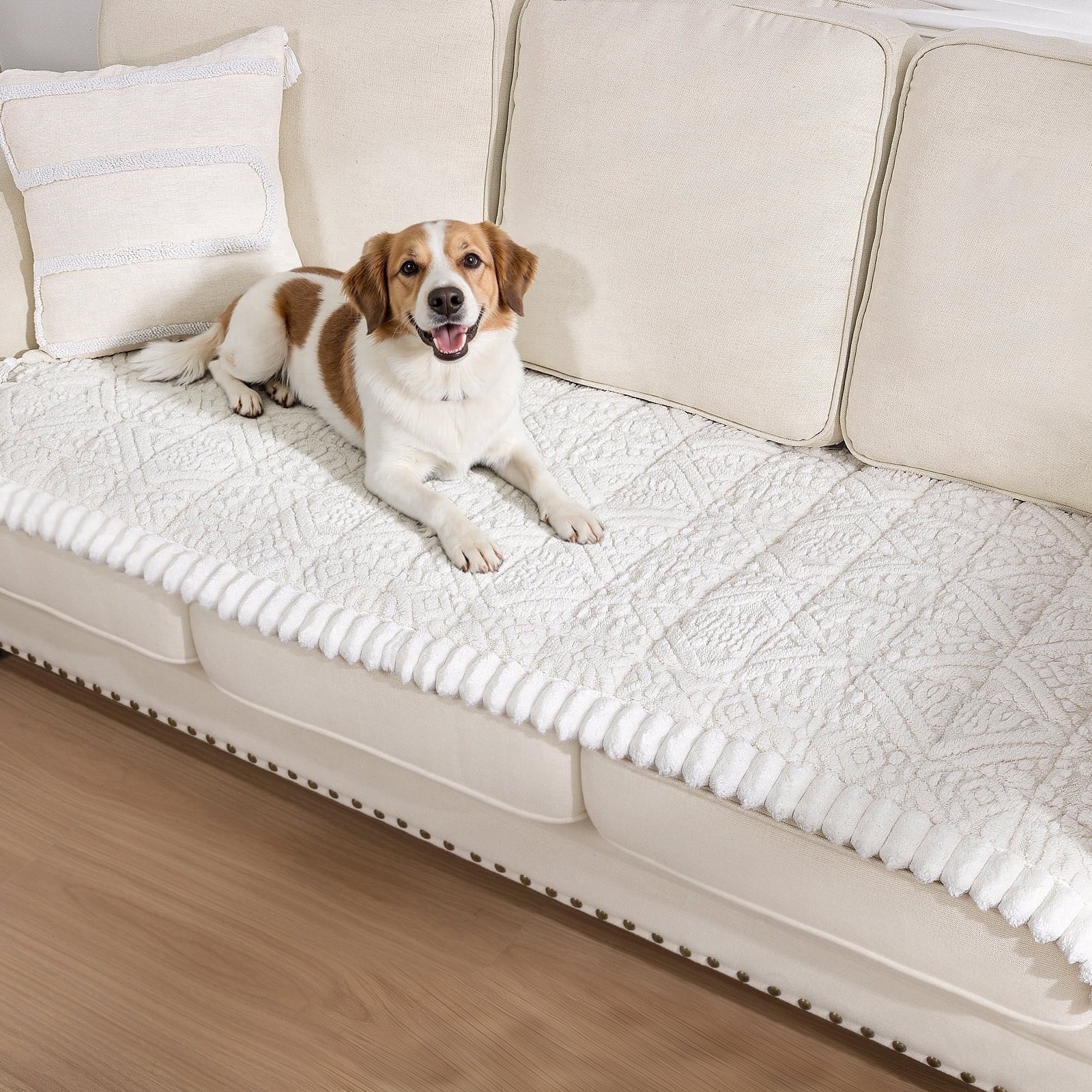 HEBE - 82.7-in L Sofa Slipcover Beige Non-Slip Washable Pet Friendly Couch Cover