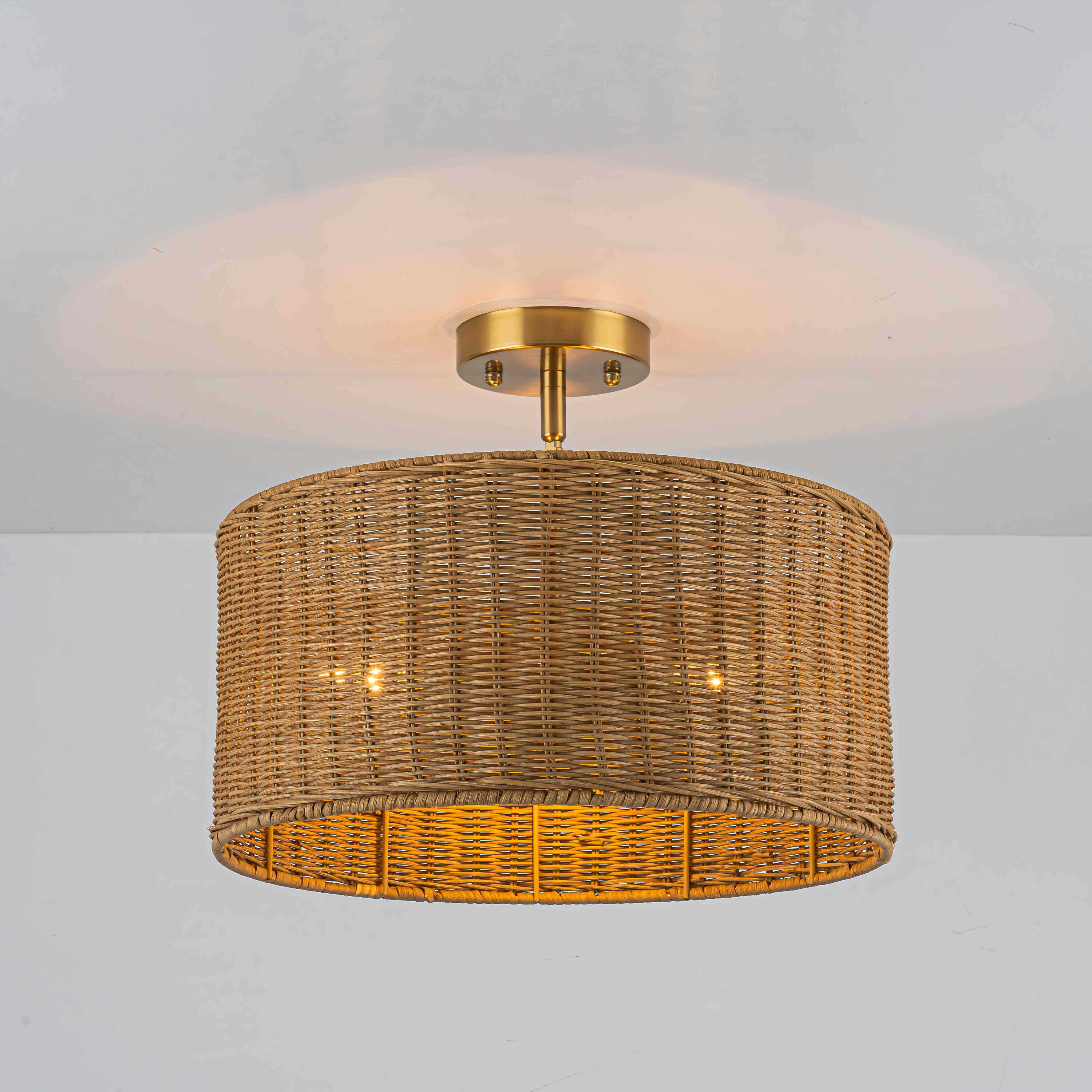 Dusklark 3-Light Boho Hand-Woven Brown Rattan Drum Shade Flush Mount