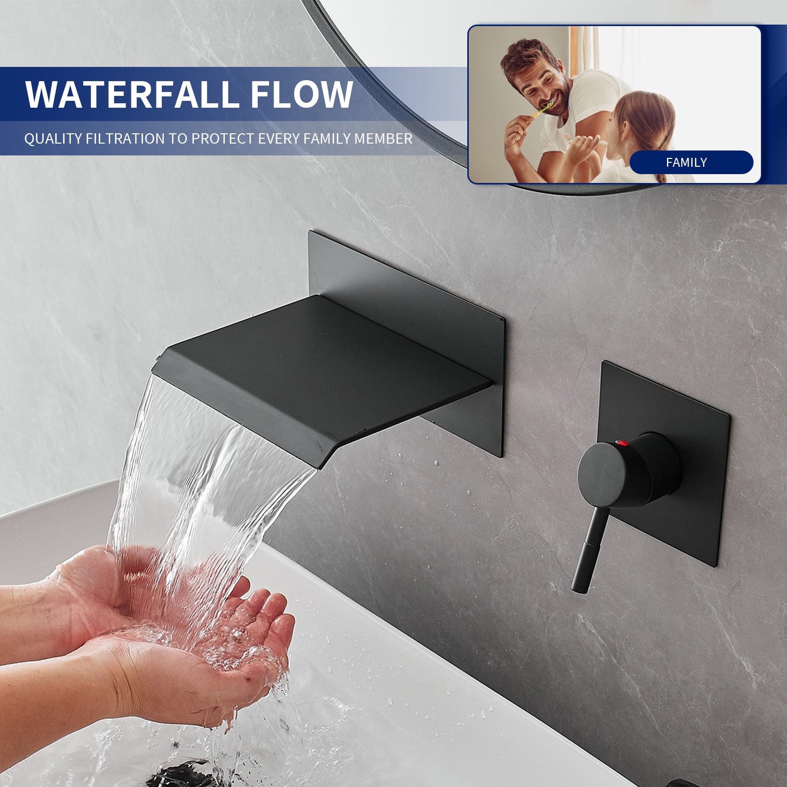 Matte Black Wall-Mount Waterfall Bathroom Faucet with Lever Handle