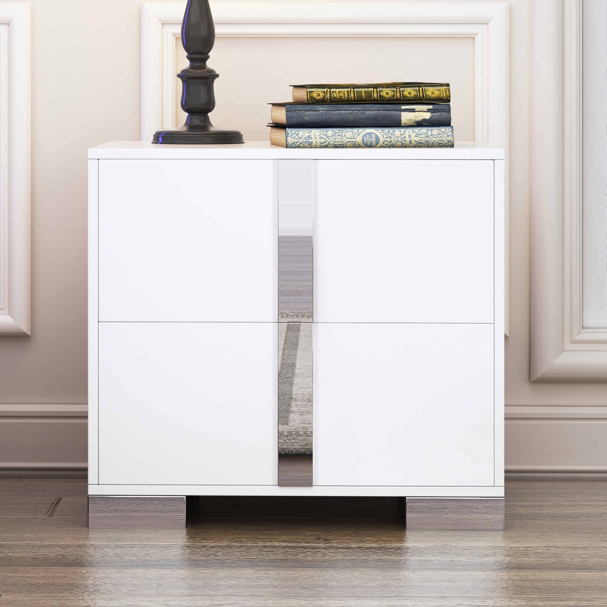 LOVMOR SF-M-N733P307938W Elegant Nightstand with Metal Handle Mirrored Bedside Table with 2 Drawers for Bedroom  Living Room  White