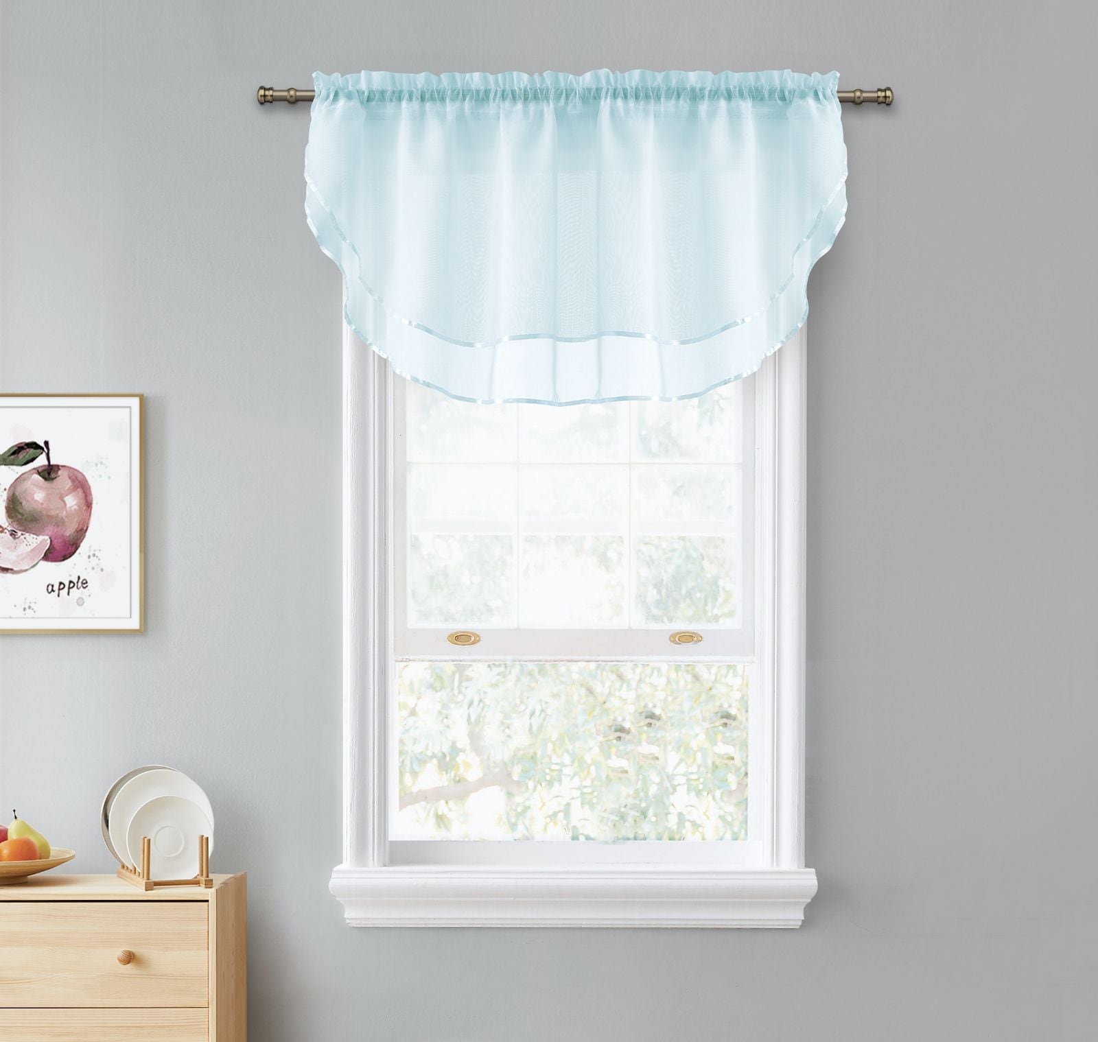 KATE AURORA Living Double Layered Sheer Rod Pocket Ascot Window Valances 55 in W x 24 in L Aqua