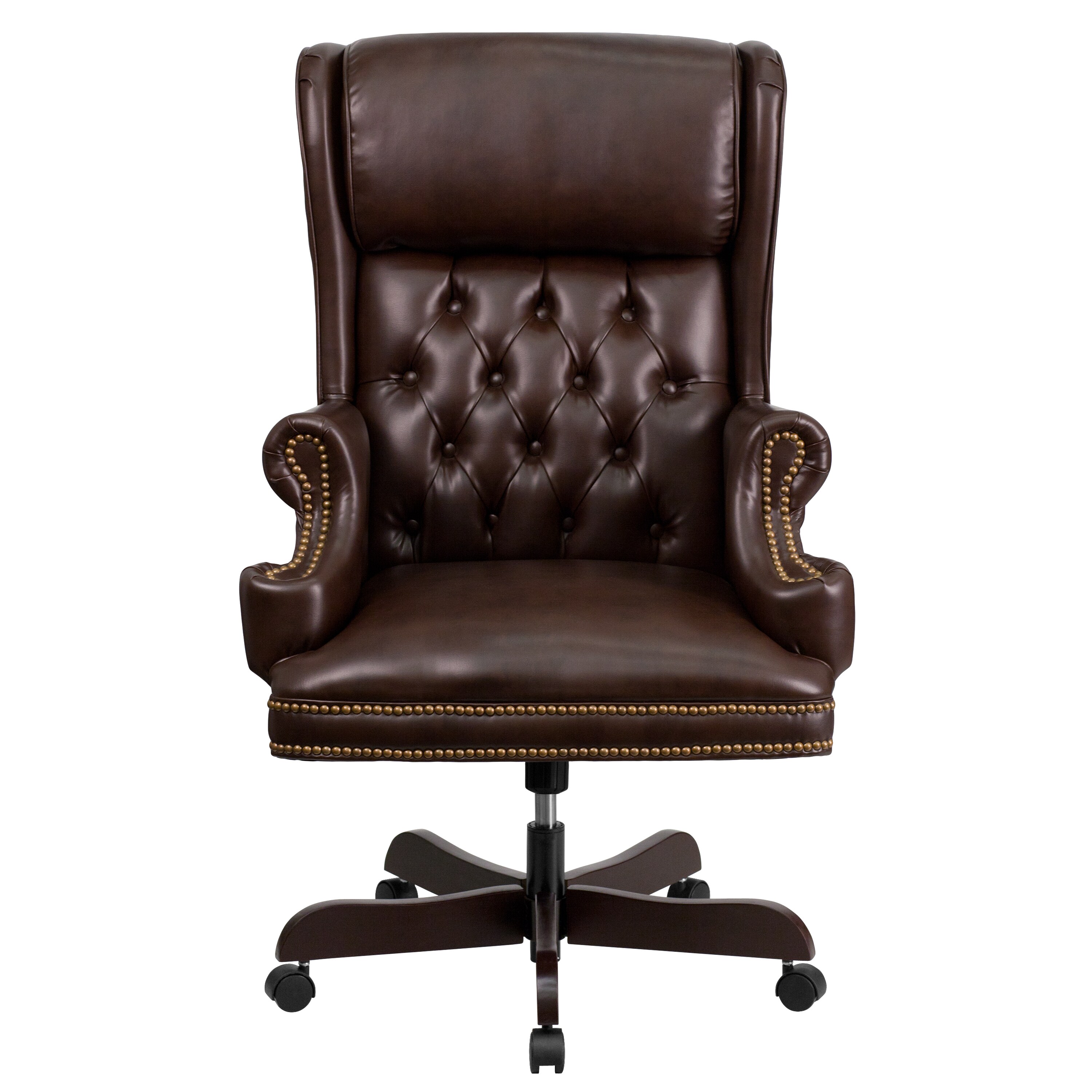 Ergonomic High-Back Executive Chair in Brown LeatherSoft with Mahogany Wood Base