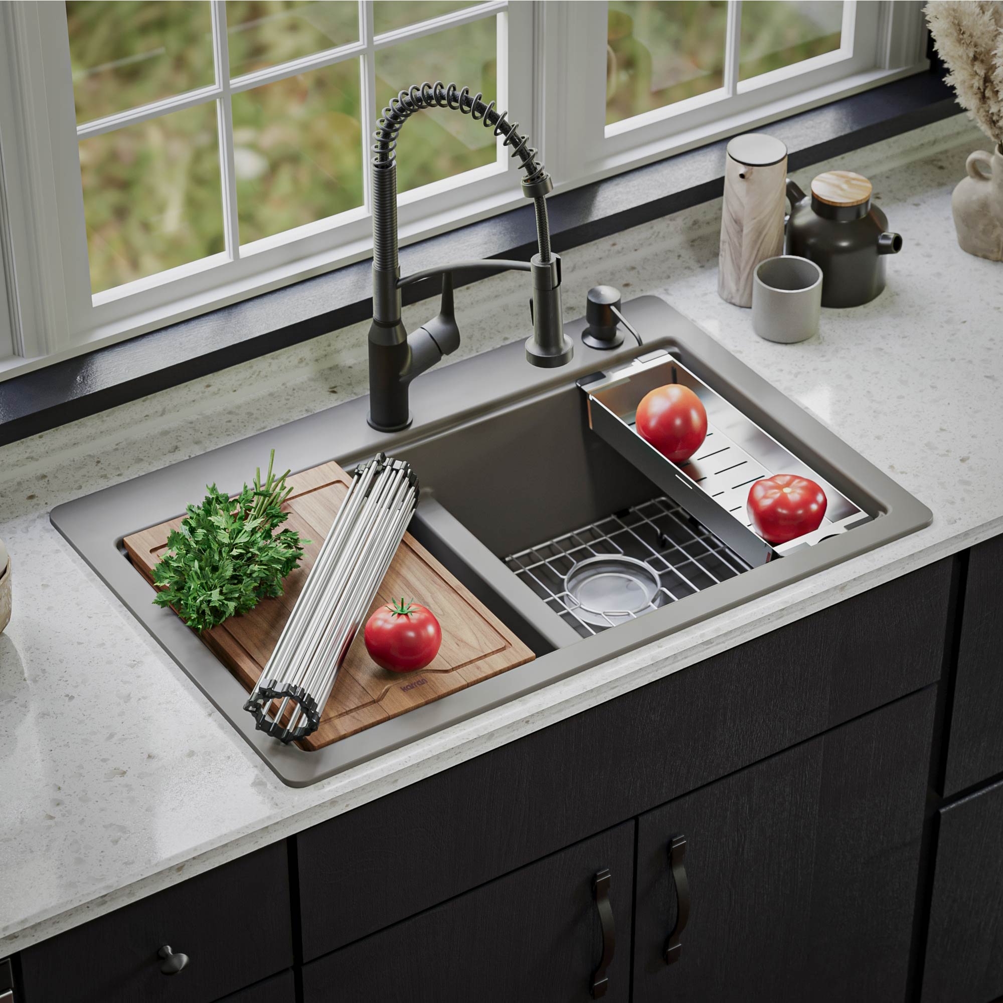 Karran QTWS-880-CN Drop-in 33-in x 22-in Quartz Double equal bowl 1-Hole Workstation Kitchen Sink with Drainboard