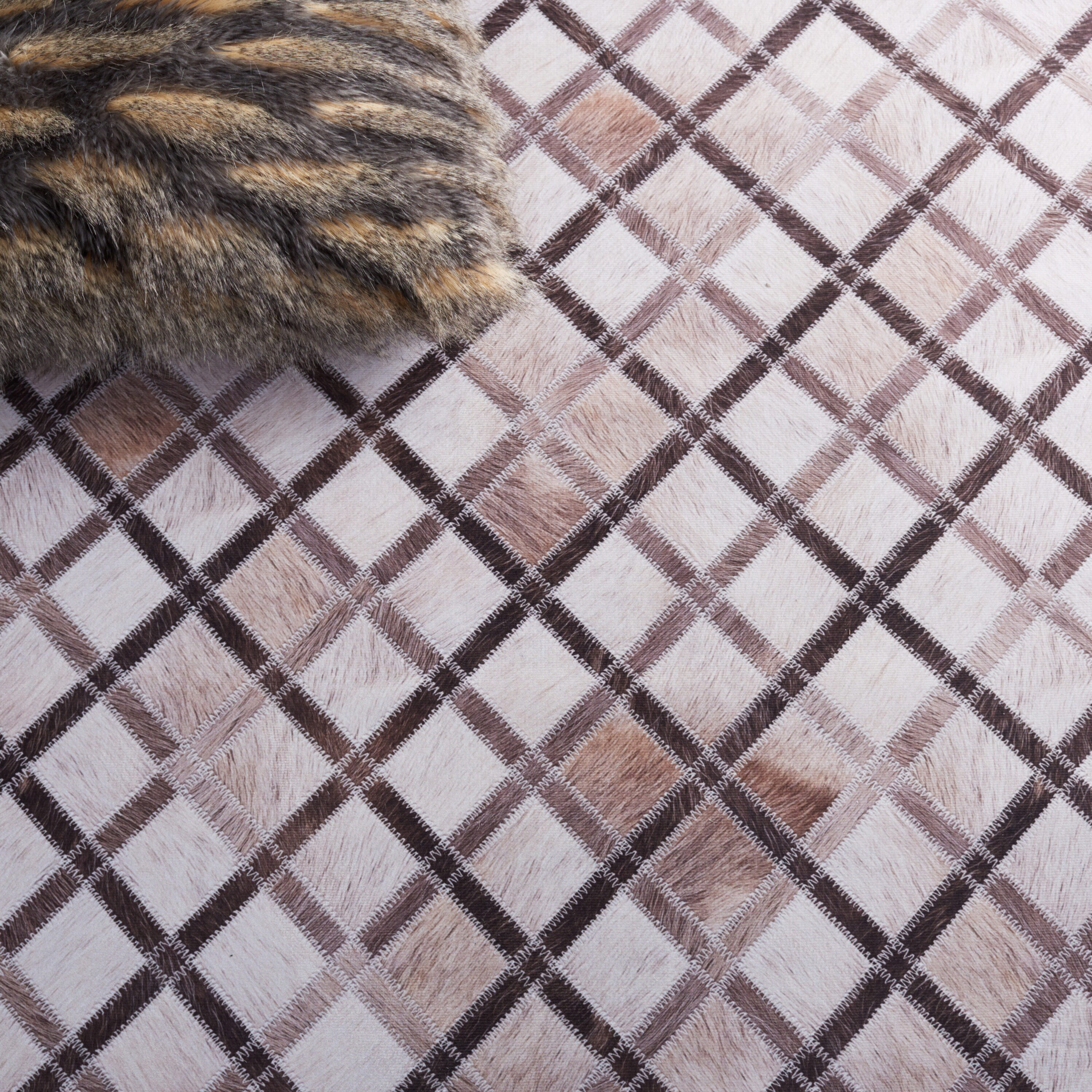 Beige and Brown Faux Fur Rectangular Washable Rug 6' x 9'