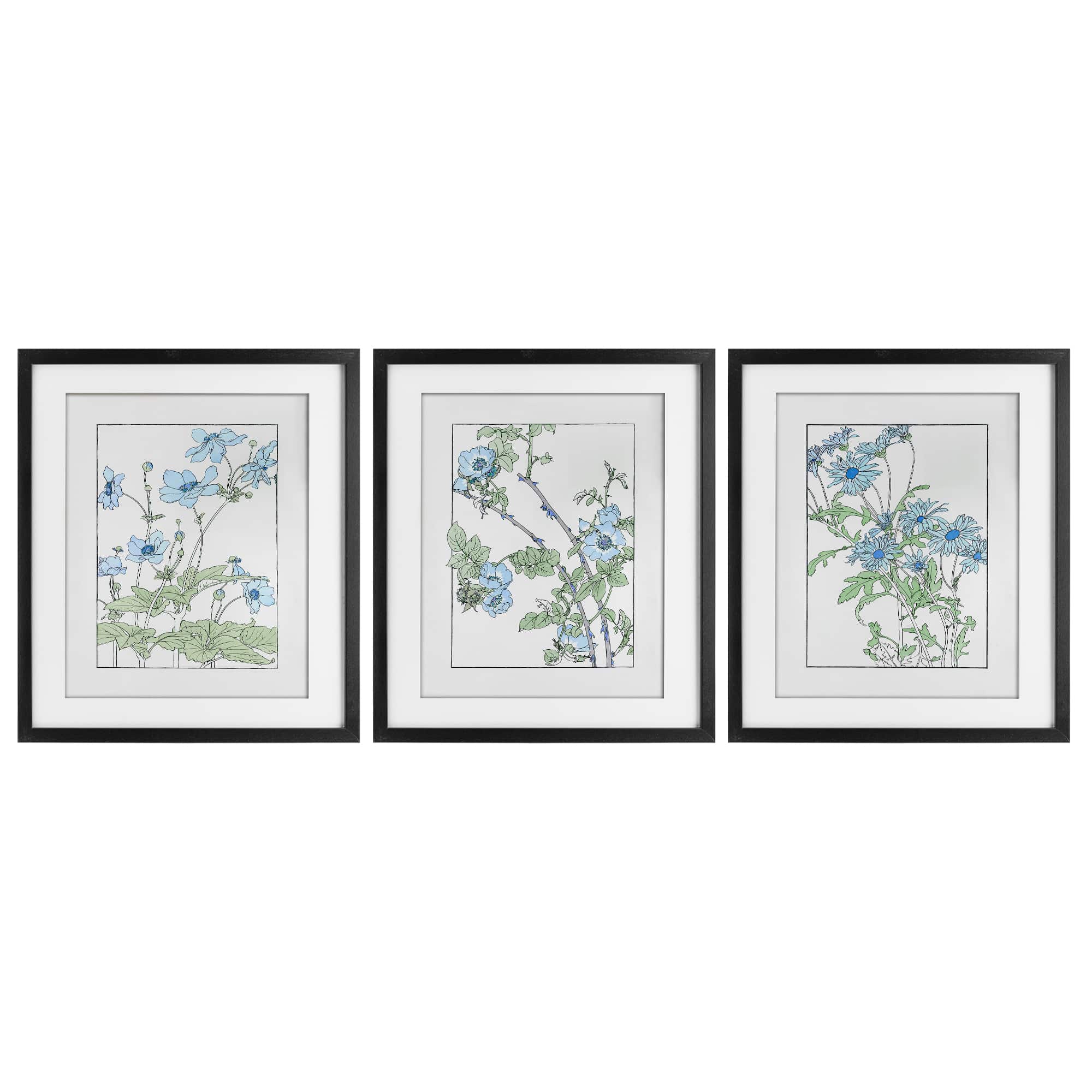 Stupell Industries A3-477-MFB-3PC-17X21 Wild Blooms with Detailed Outlines Black 3pc Framed Print Under Glass Set 17 x 21