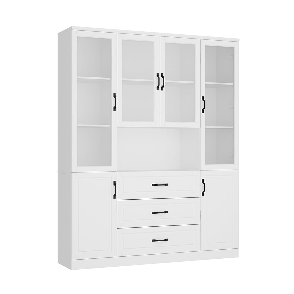 Homsee V-KF020385-01+02 Modern White Bookcase with Glass Doors and 3 Drawers Spacious Storage Cabinet with Adjustable Shelves for Living Room Kitchen
