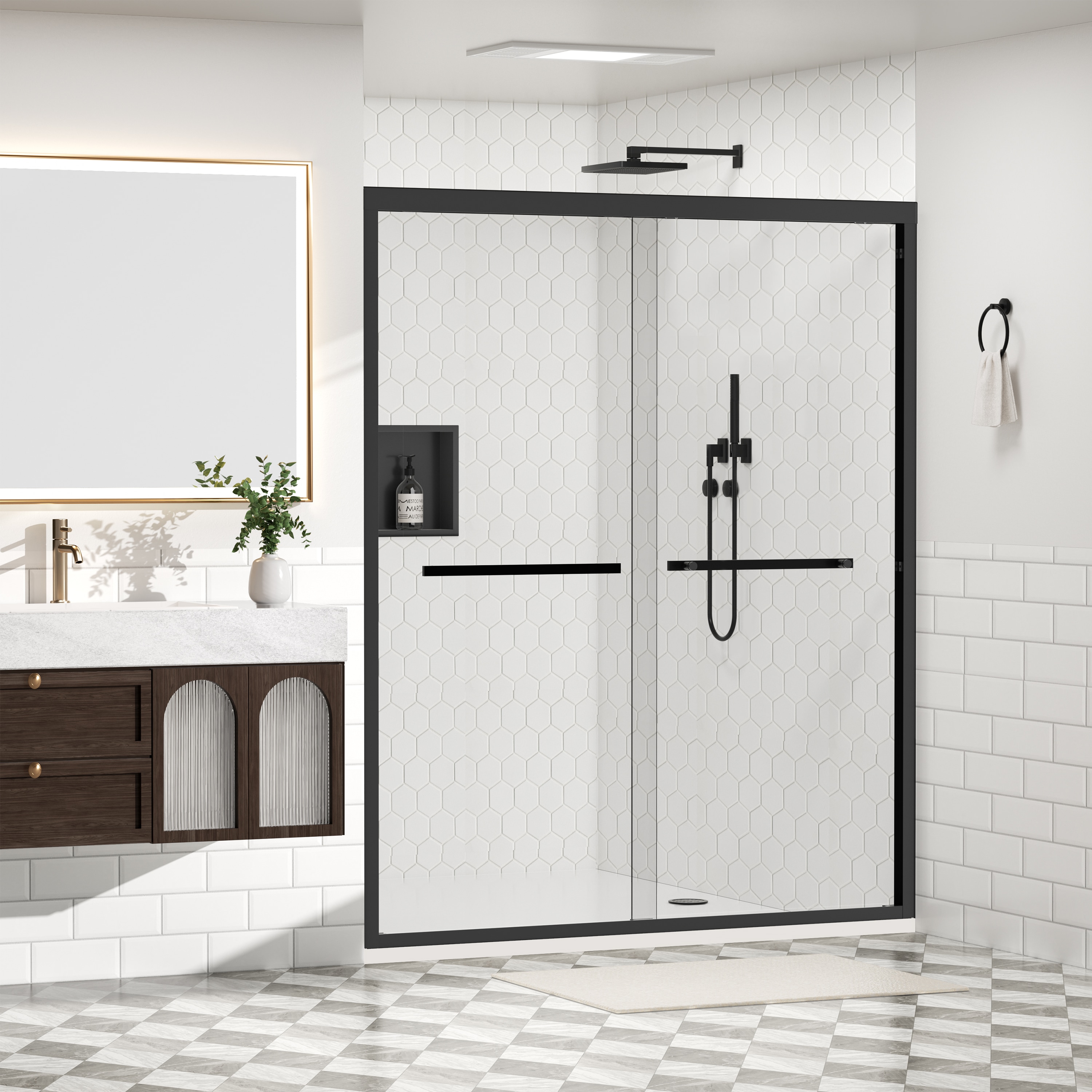 Yuaris 56-60 in. W x 76 in. H Bypass Double Sliding Framed Shower Door in Matte Black with 5/16 in. Nano-Coated Clear Tempered Glass
