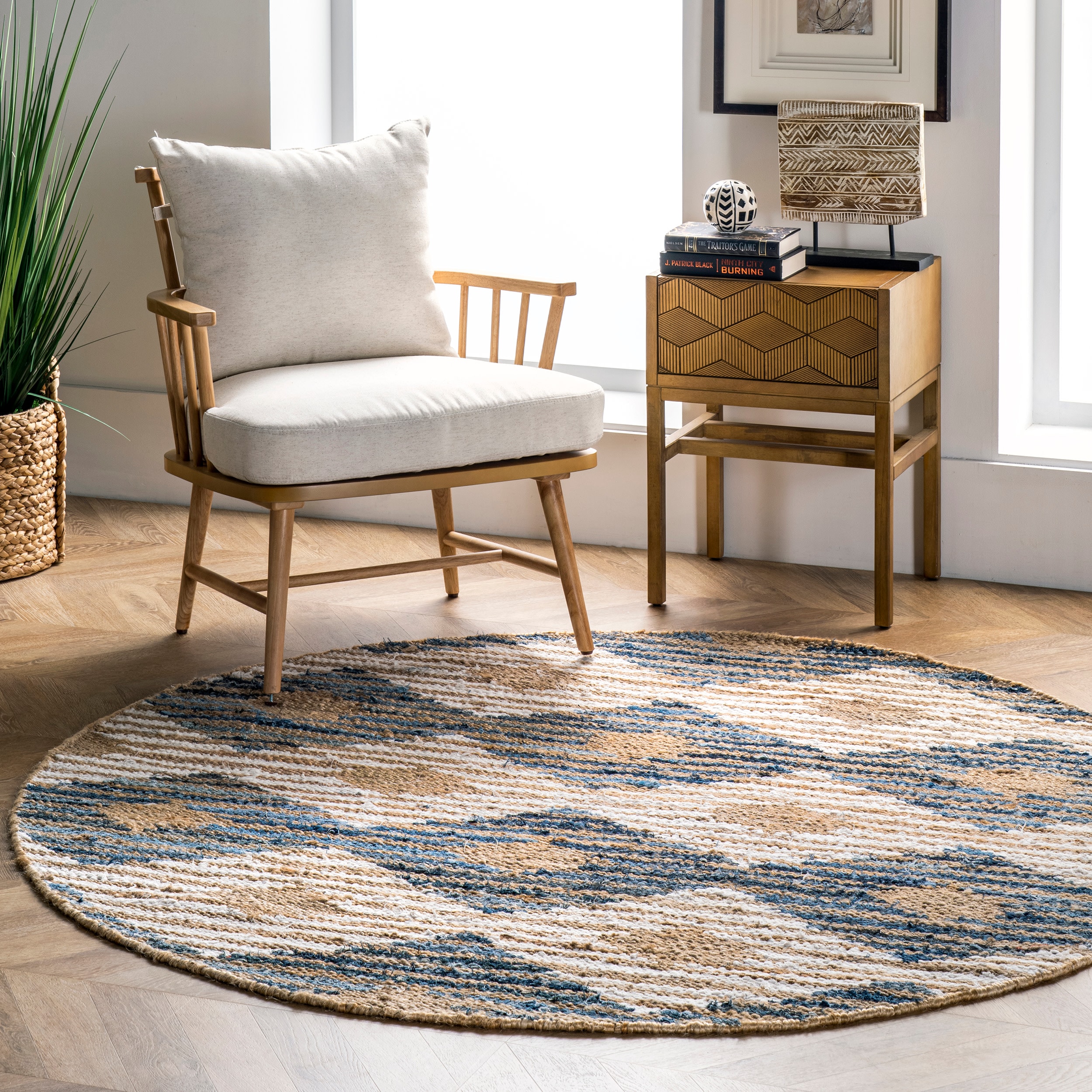 nuLOOM Marla 6 x 6 Braided Off White Round Indoor Stripe Area Rug