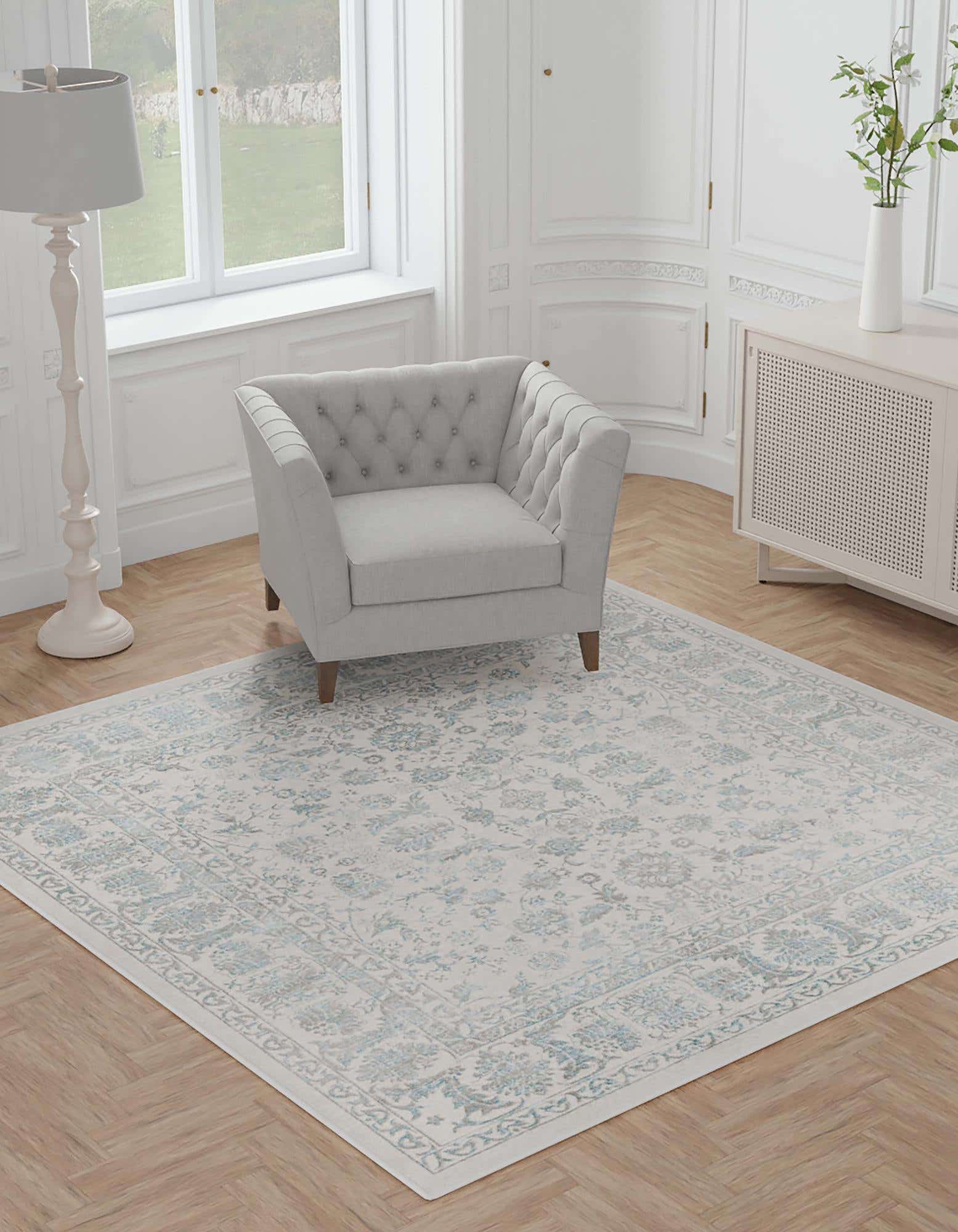 Unique Loom 3186994 Jill Zarin Uptown 8 x 8 (ft) Loomed Polypropylene Teal Square Indoor Floral/Botanical Farmhouse/Cottage Area rug