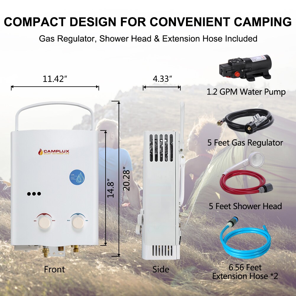Camplux Portable Water Heater Propane 2.11 GPM on Demand Tankless GAS Camping Water Heater, Gray