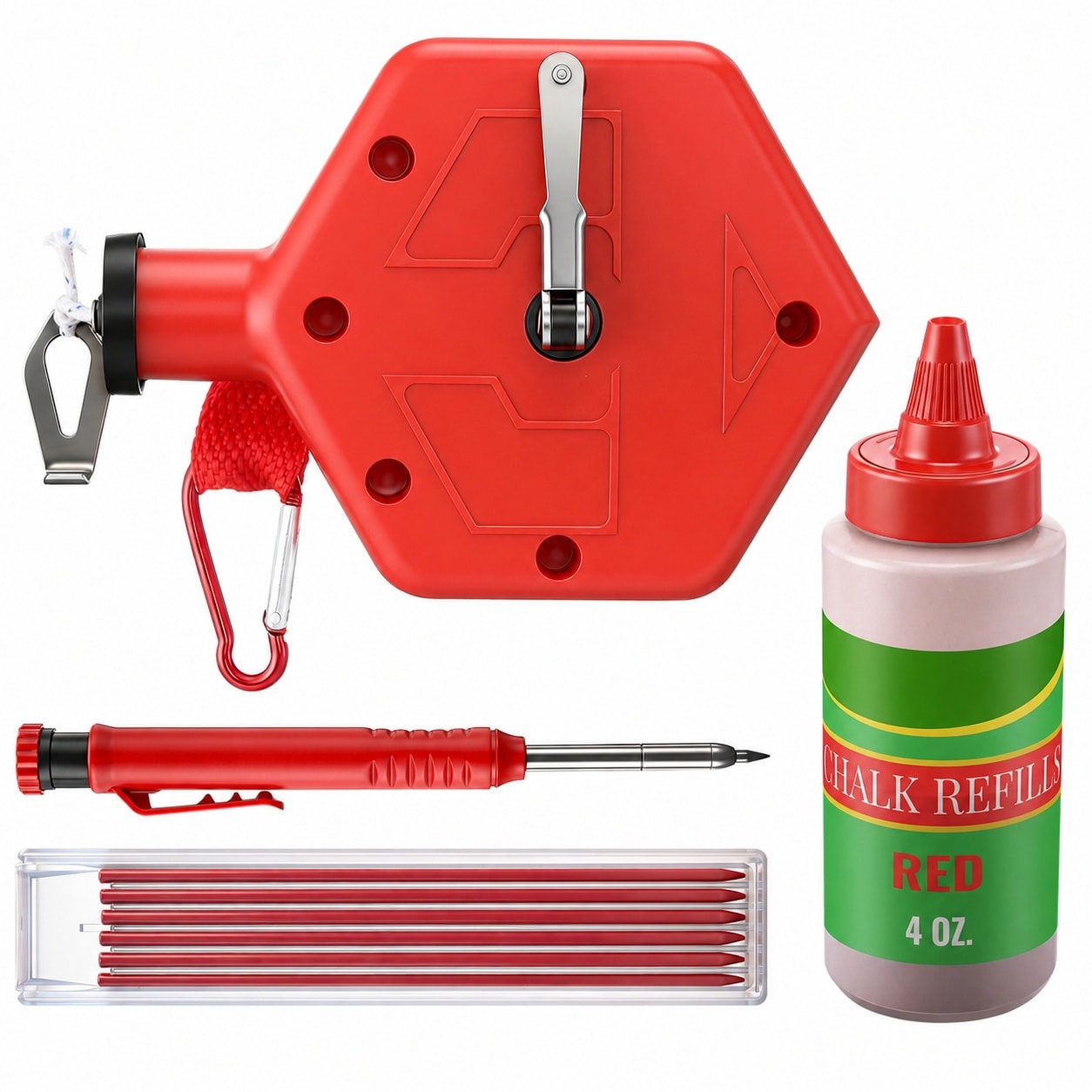 Etokfoks 100 ft Chalk Reel Calk Kit with Blue Chalk High Visibility Line Hook Spring Snap Red Carpenter Pencil Set #LETMQUVXS