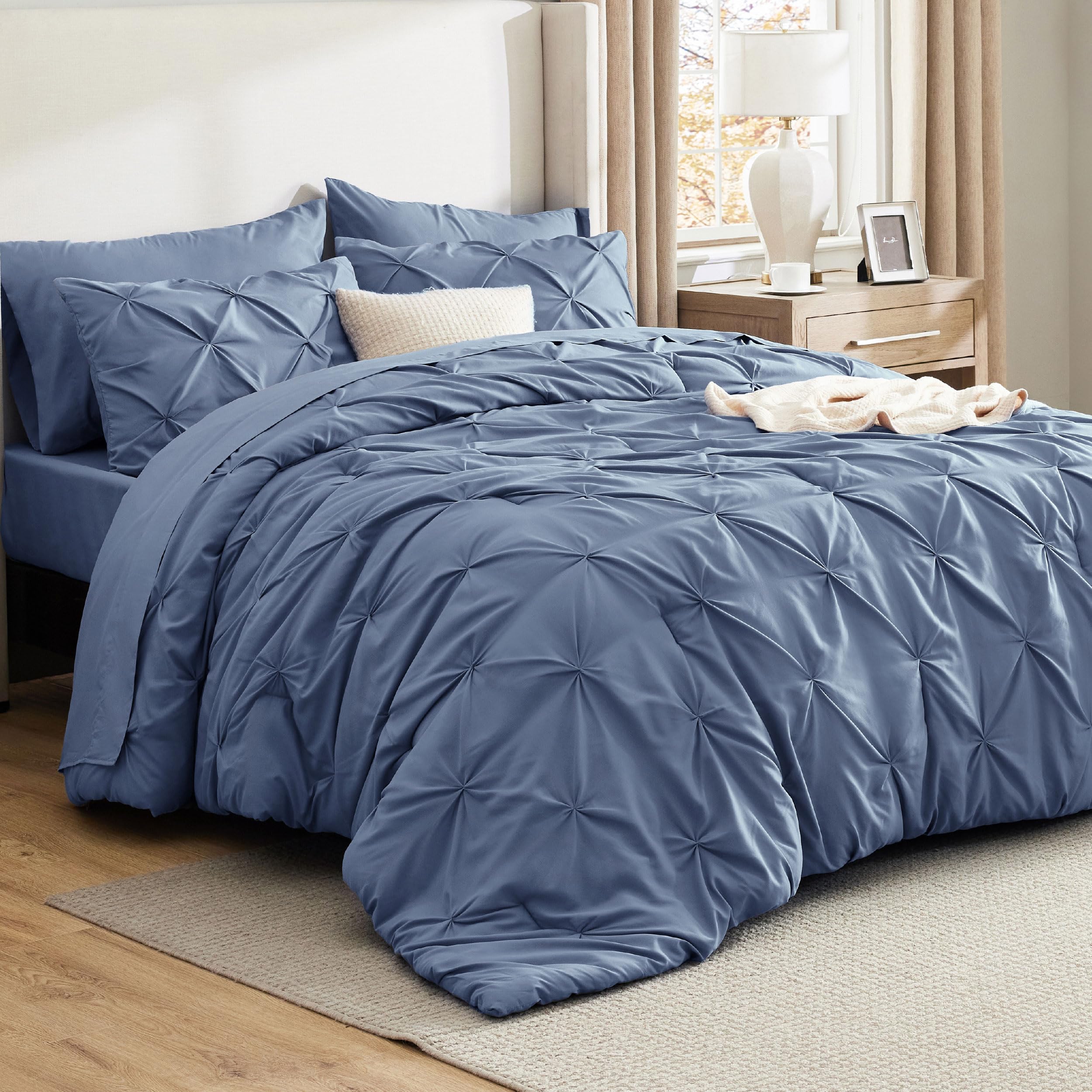 Bedsure Bed in a Bag 5 Pieces Twin Slate Blue Pintuck Down Alternative All Season Soft Gift for Family Sheets Pillowcase Sham Comforter