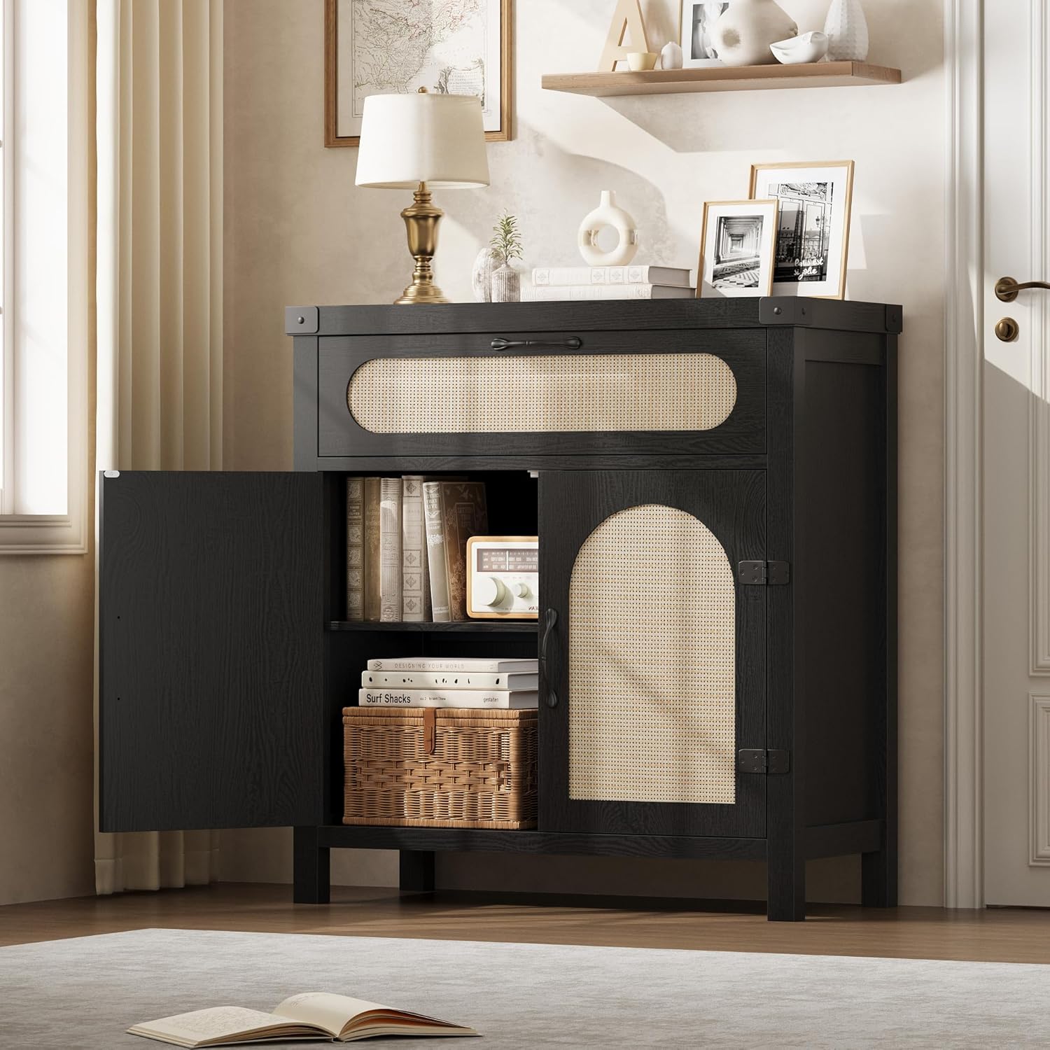 Garvee 29.9 inch Small Rattan Buffet Cabinet with Doors Drawer and Adjustable Shelves Boho Farmhouse Sideboard Kitchen Coffee Bar Storage Cabinet Black