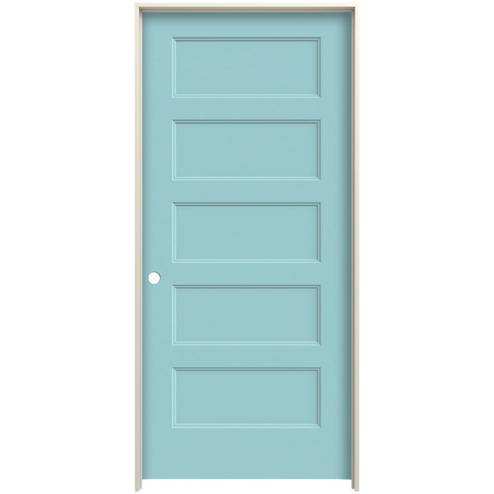 JELD-WEN LOWOLJW226200275 30-in x 80-in Caribbean Blue Solid Core 5-panel Equal Right Hand Smooth Prefinished Molded Composite Flat Jamb Single Prehung Interior Door