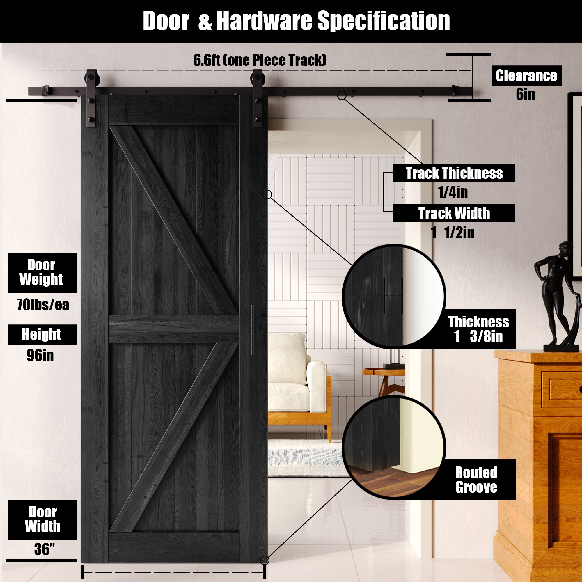 HOMACER YT1TGH079C-3696-K-BK Barn-Doors - View #2