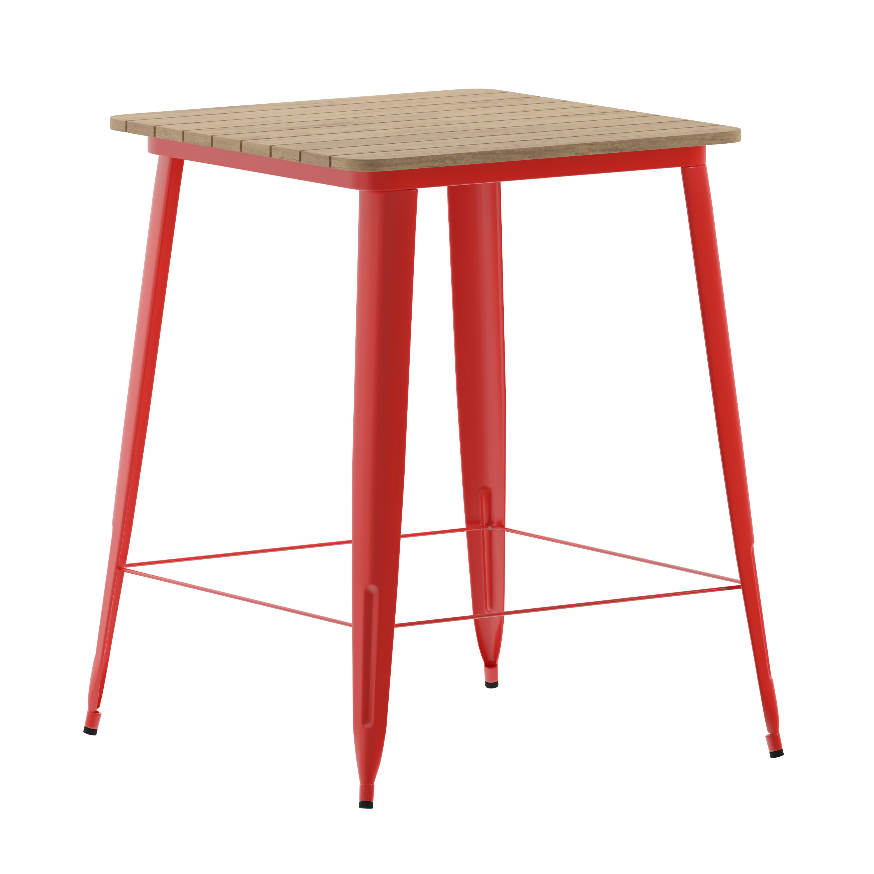Flash Furniture 196861107528 Declan Commercial Indoor/Outdoor Bar Top Table; 31.5-in Square All Weather Brown Poly Resin Top with Red Steel base