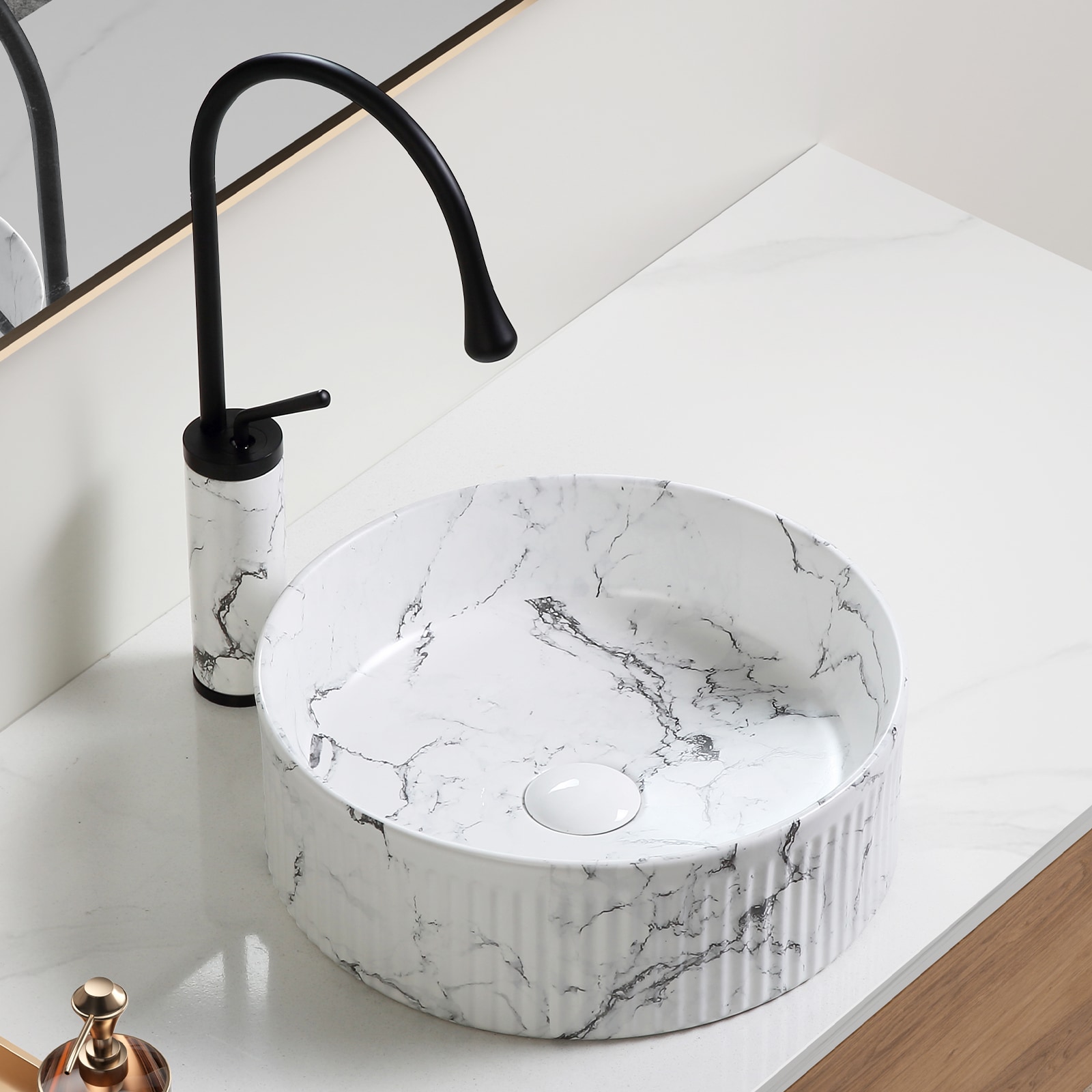 GDFStudio Aurelia 15-in Luxury Ceramic Round Vessel Sink with Marble Pattern Surface - Black and White Marble (Included Faucet and Drain)