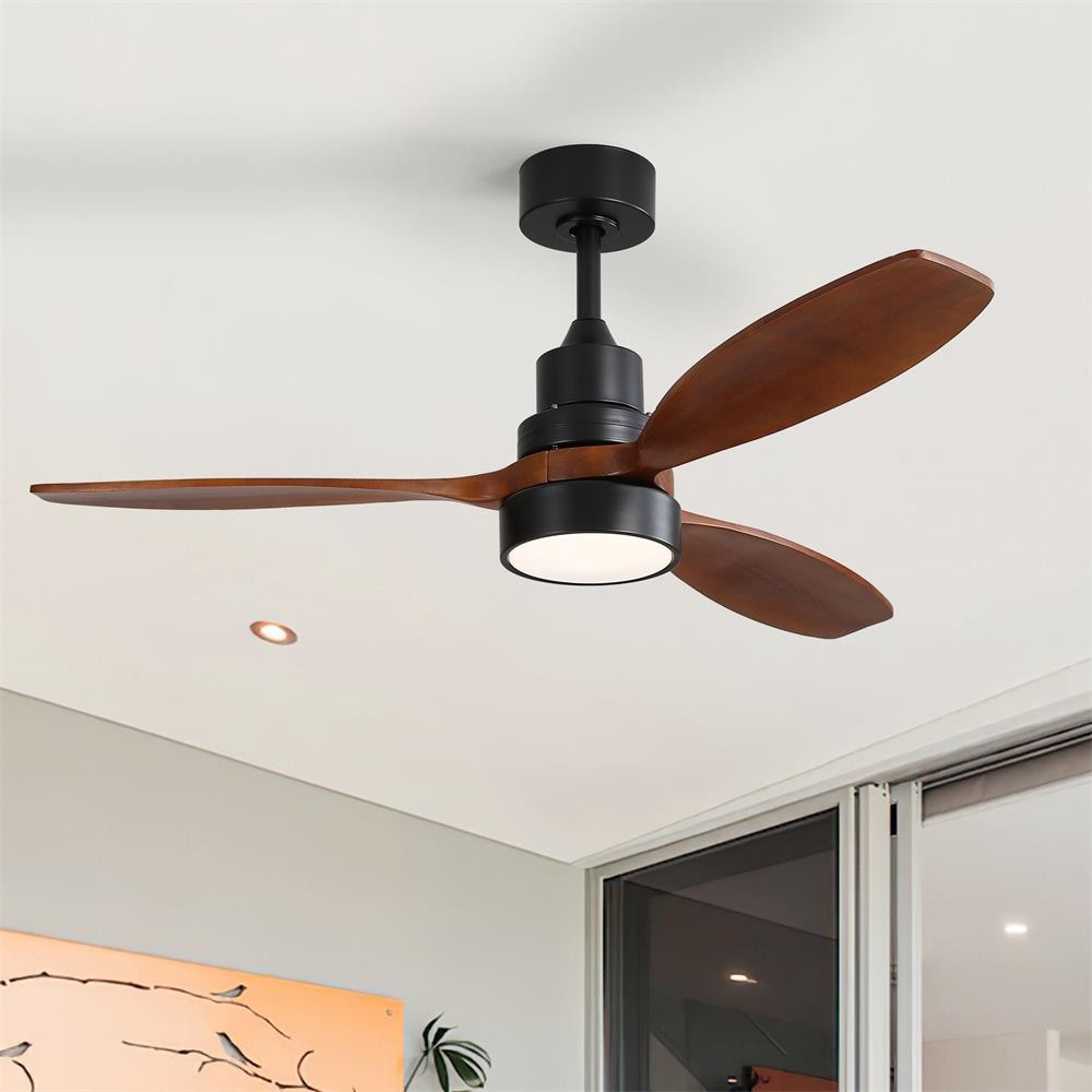 Sofucor LW-52K076-BK-HTM 52 inch Matte Black Modern Downrod Indoor Solid Walnut 3 Blades LED Ceiling Fan Light with Remote Control and Timing Function